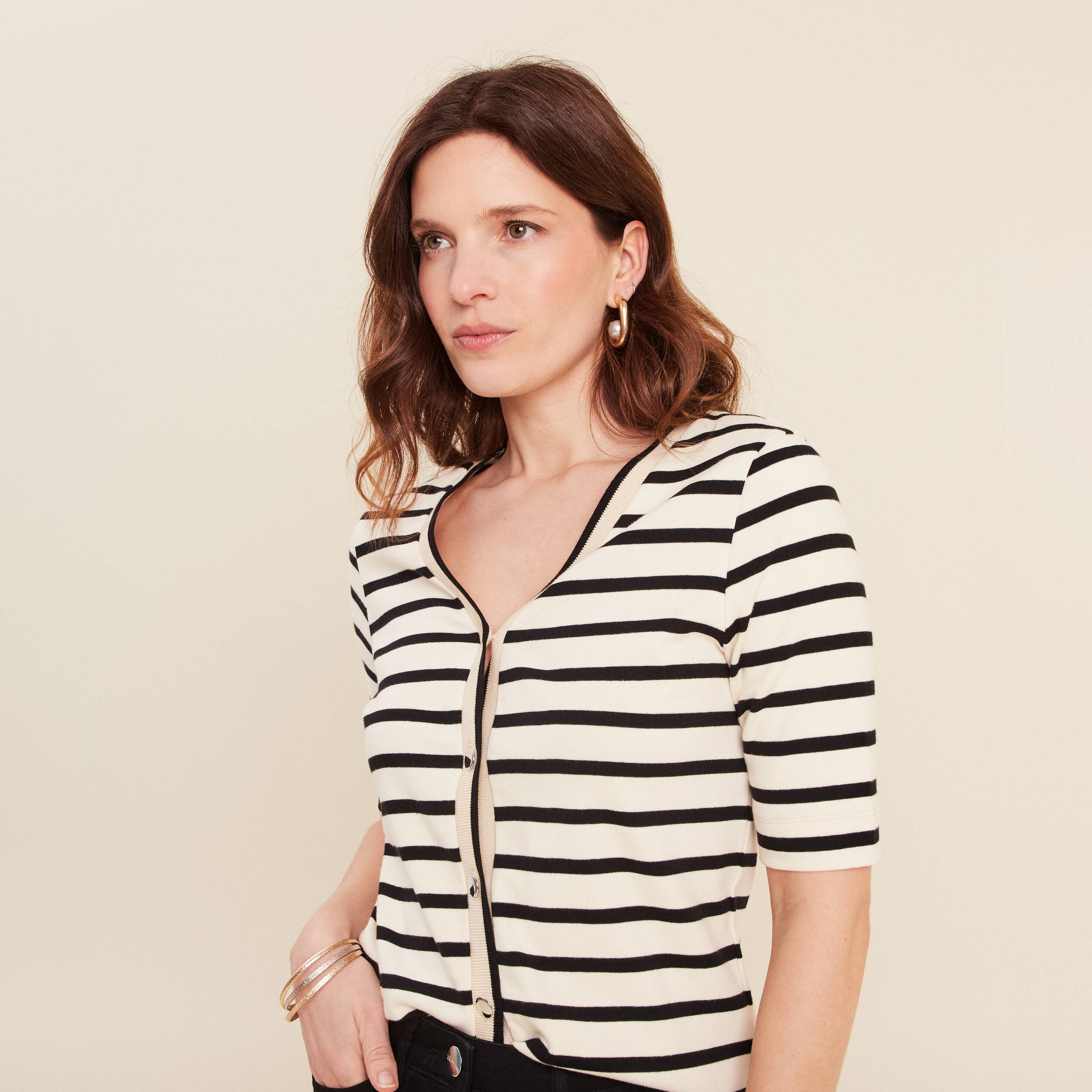 T-shirt col V en coton blanc femme