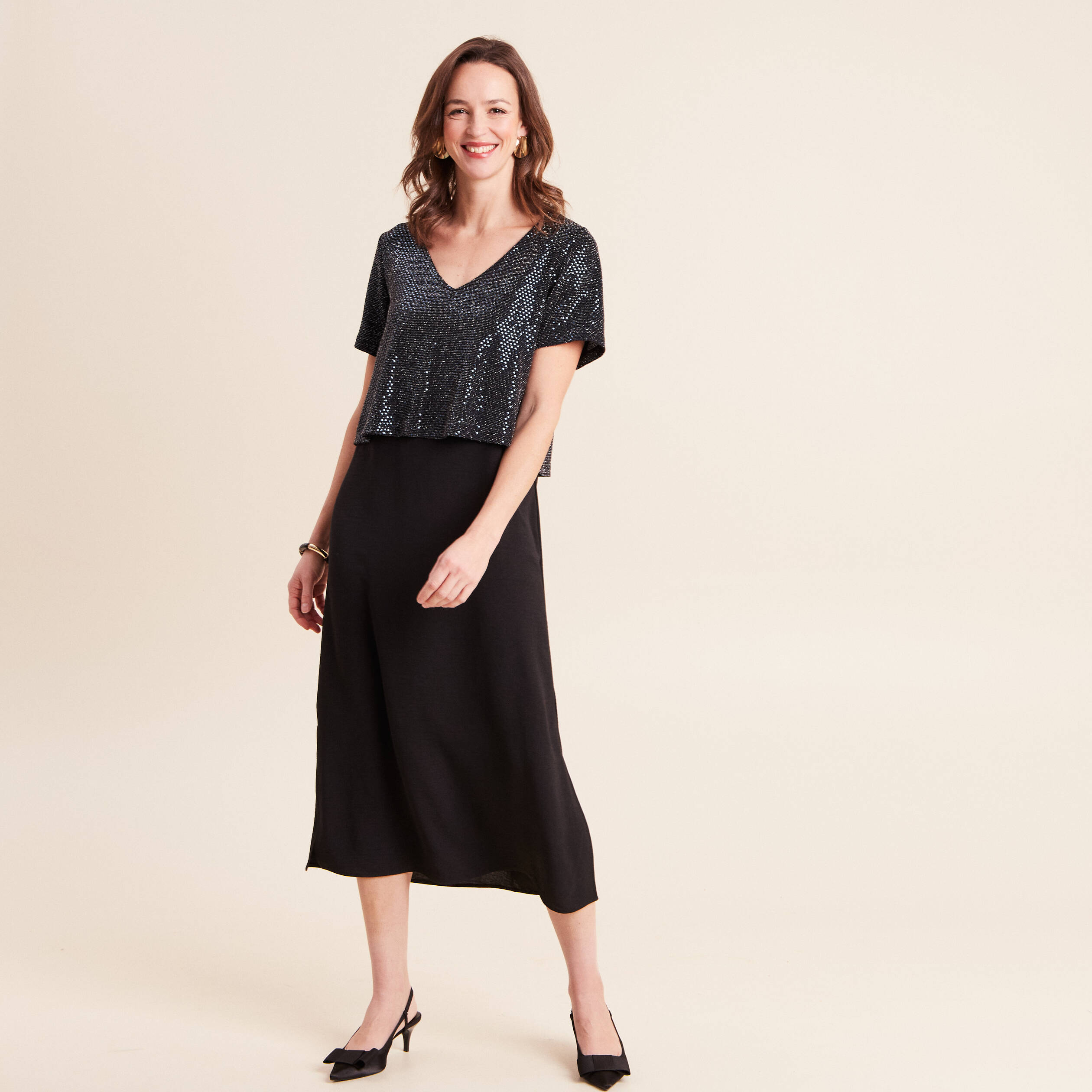 Robe longue &eacute;vas&eacute;e 2 en 1 col rond bleu marine femme