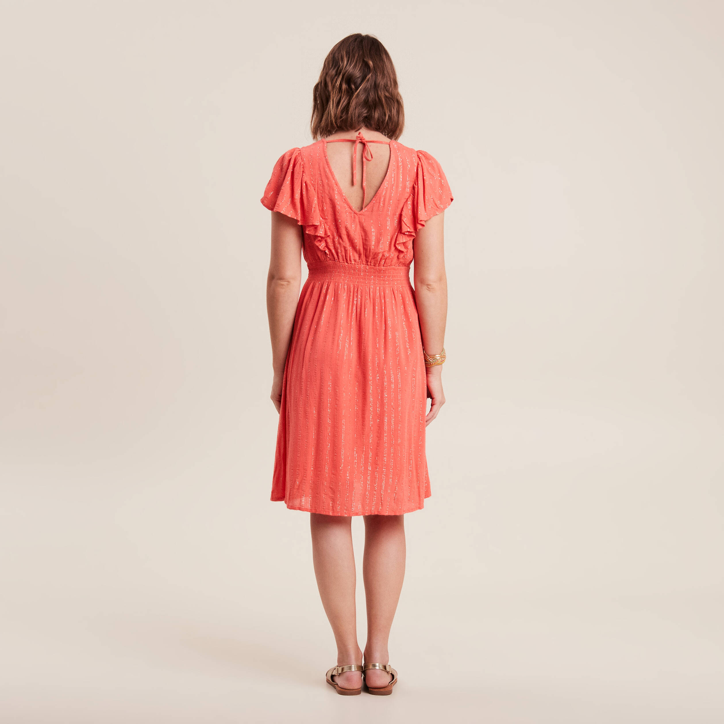 Robe droite fluide smockée orange clair femme
