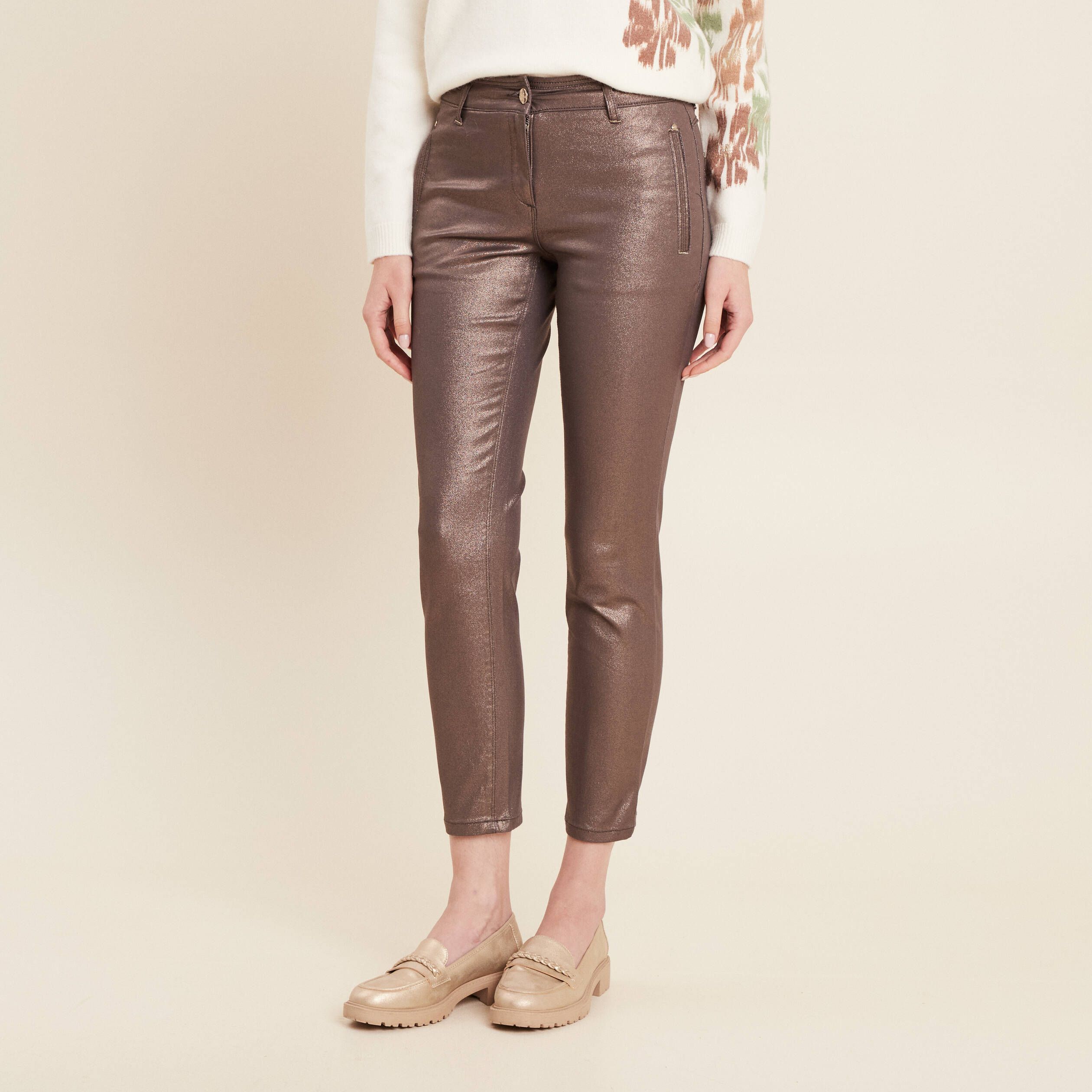 Pantalon ajusté enduit 7/8ème sable femme