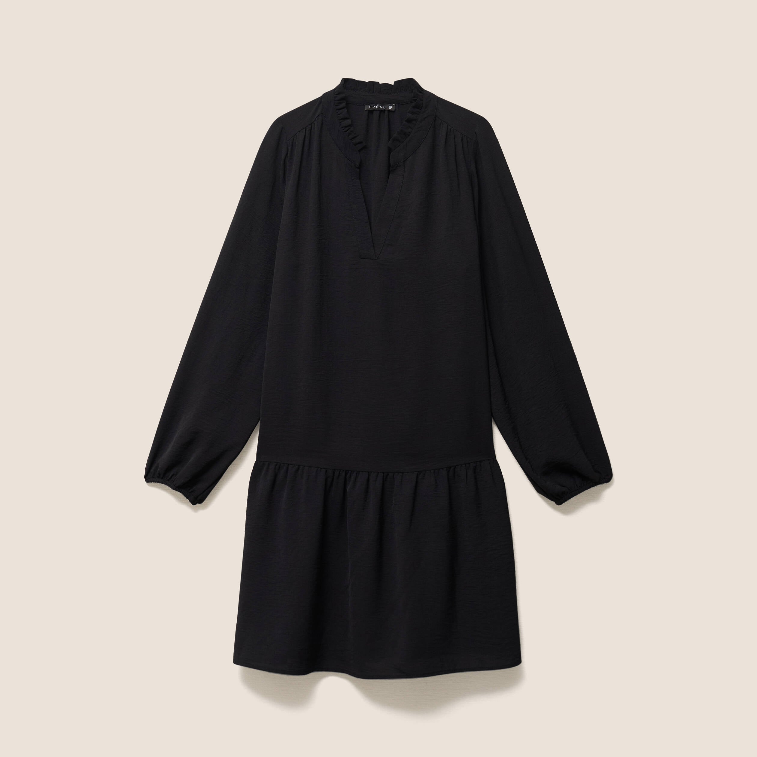 Robe courte &eacute;vas&eacute;e col v manches longues noir femme
