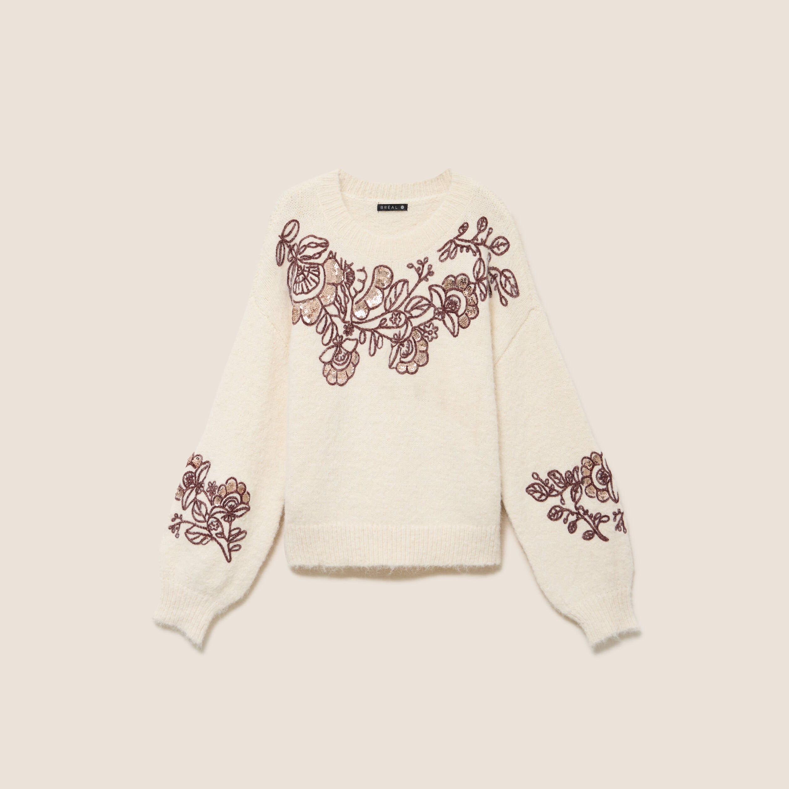 Pull col rond brod&eacute; &agrave; sequins ecru femme