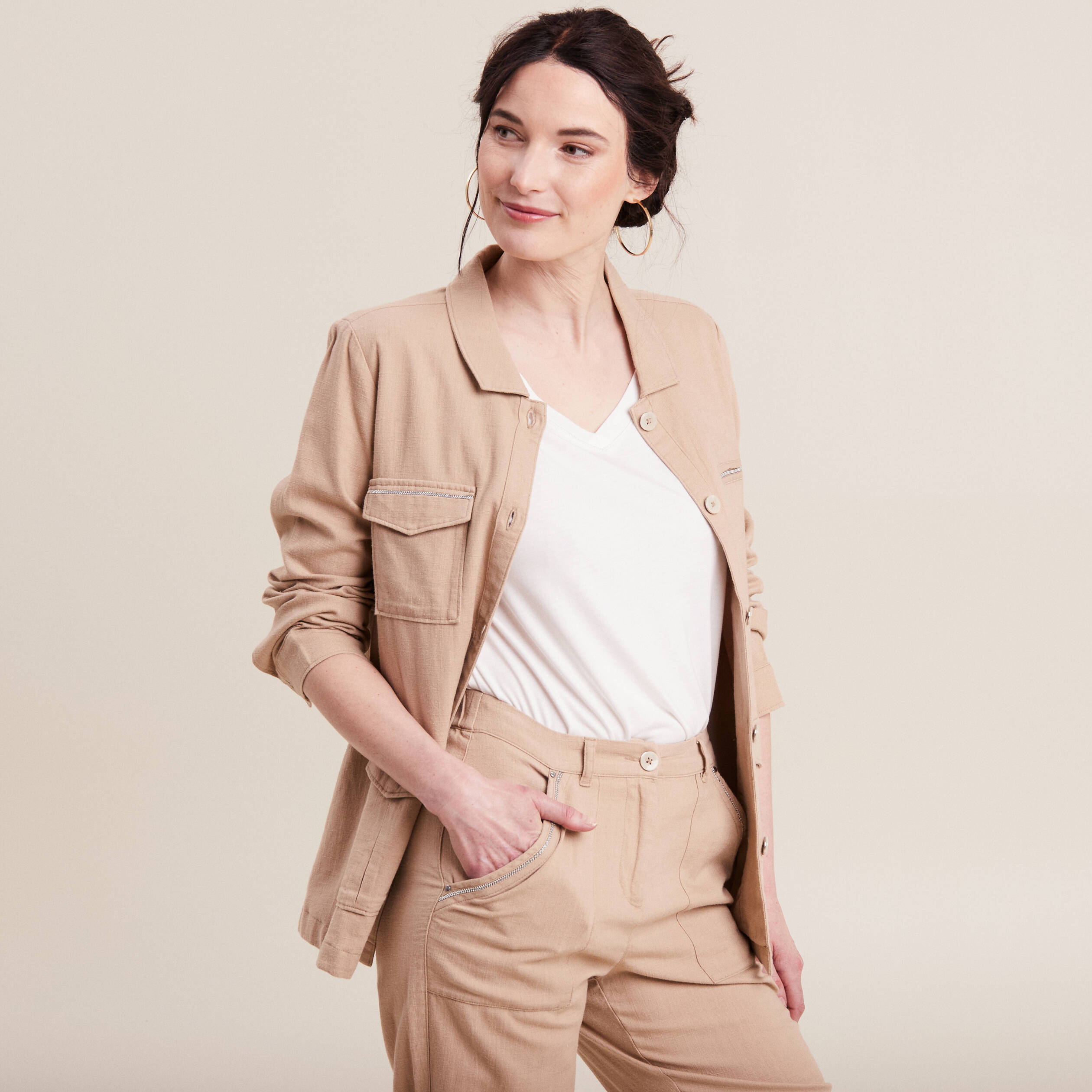 Veste droite boutonnée sable femme