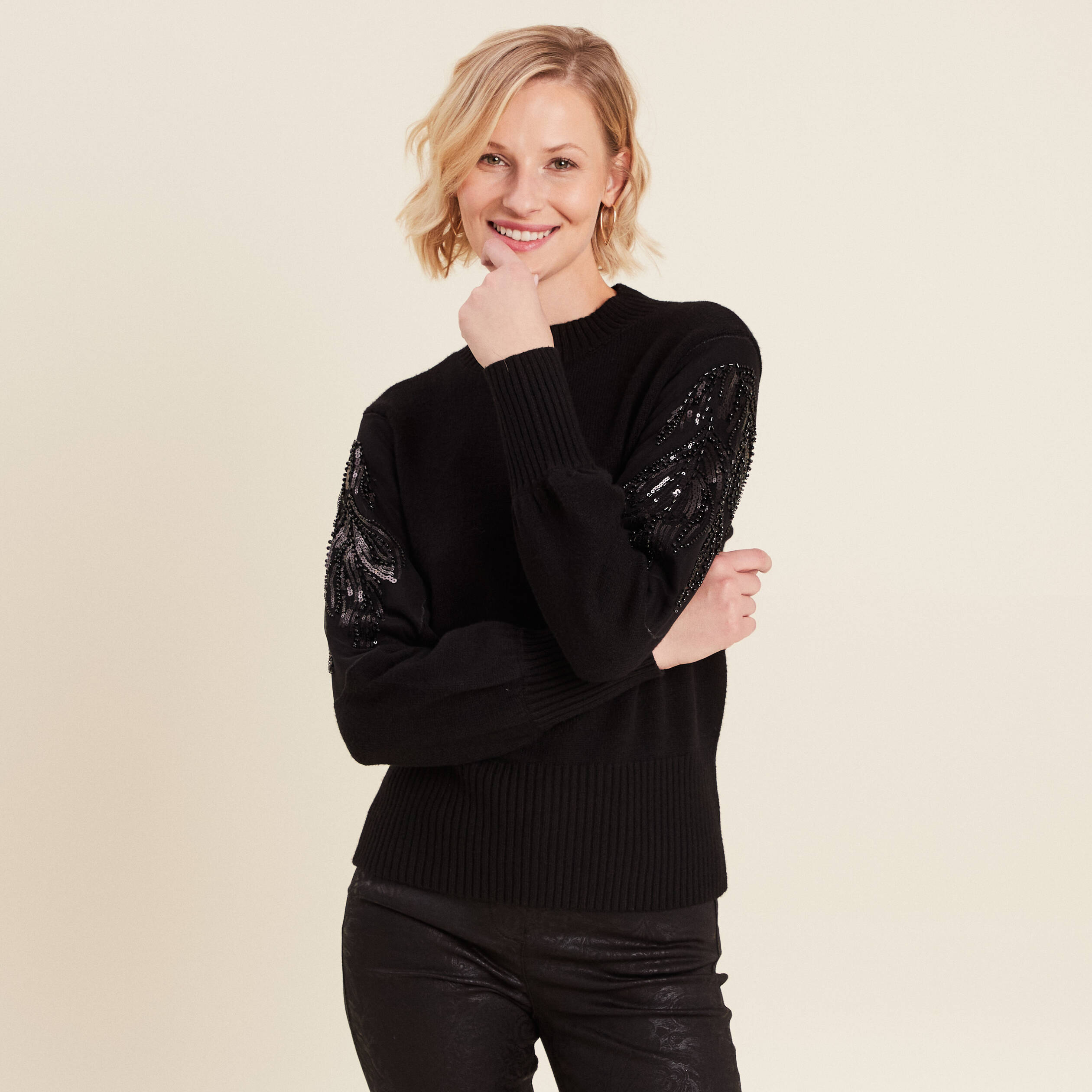 Pull manches longues sequins noir femme