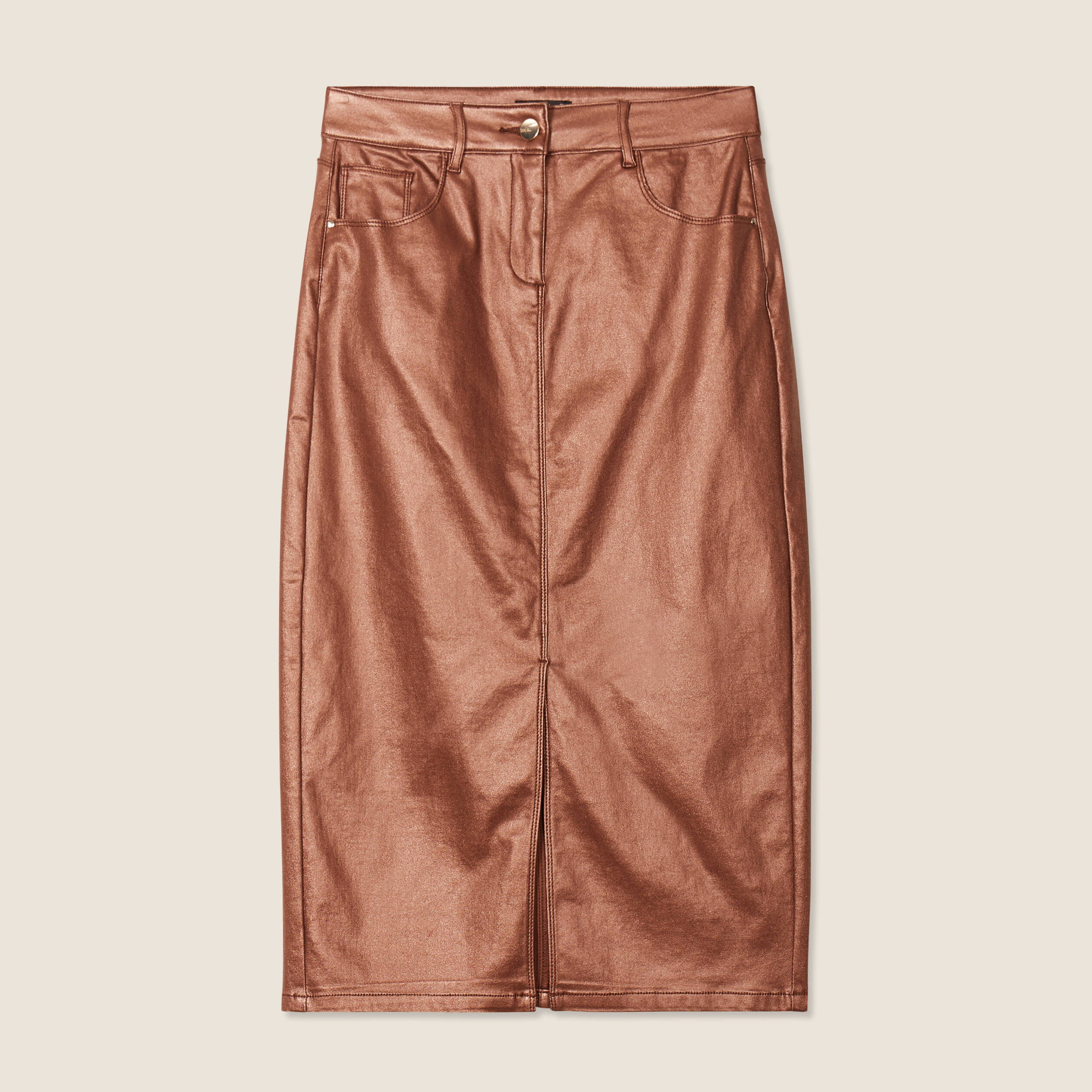 Jupe midi droite enduite couleur cuivre femme