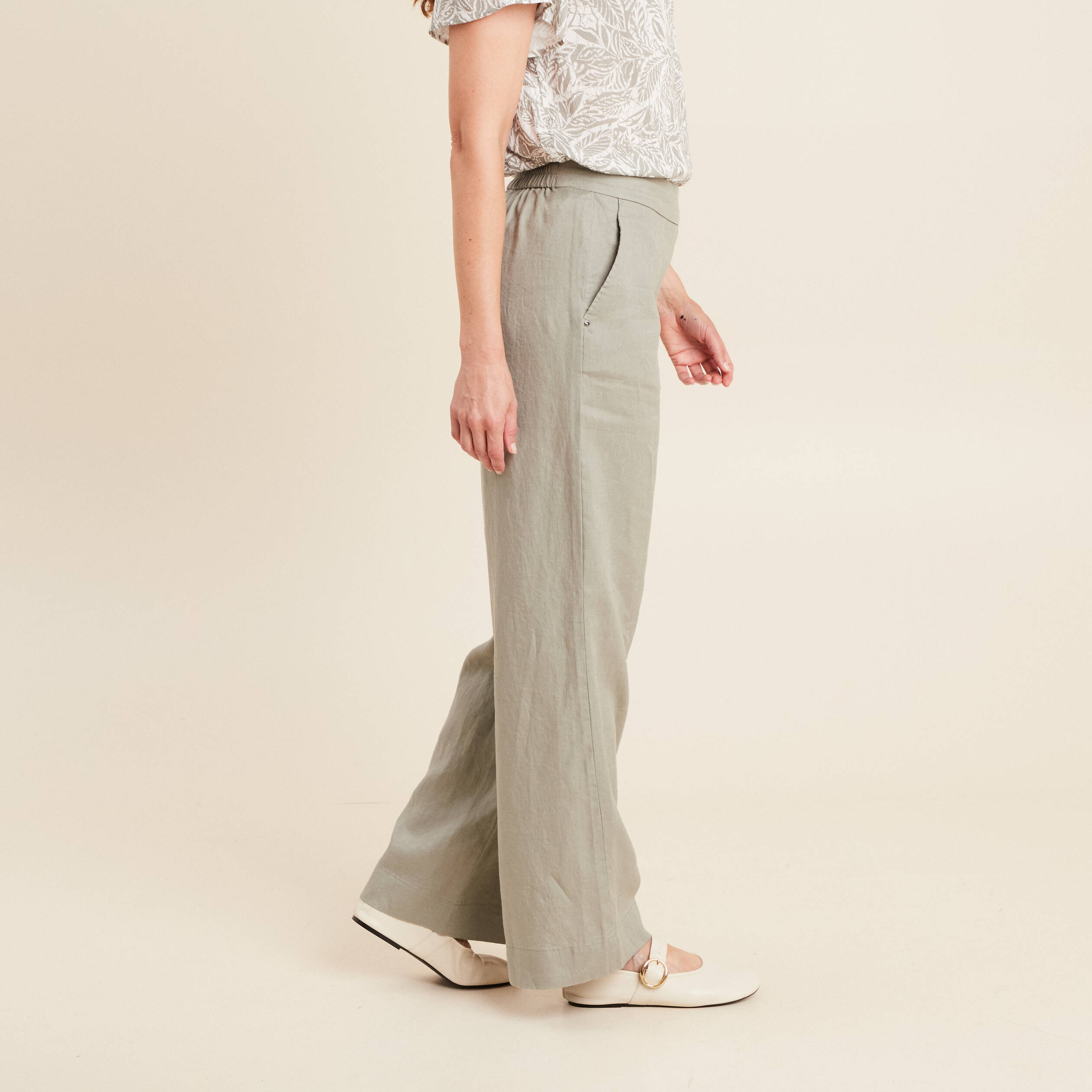 pantalon large taille haute en lin vert clair femme Pantalon large taille haute en lin vert clair femme