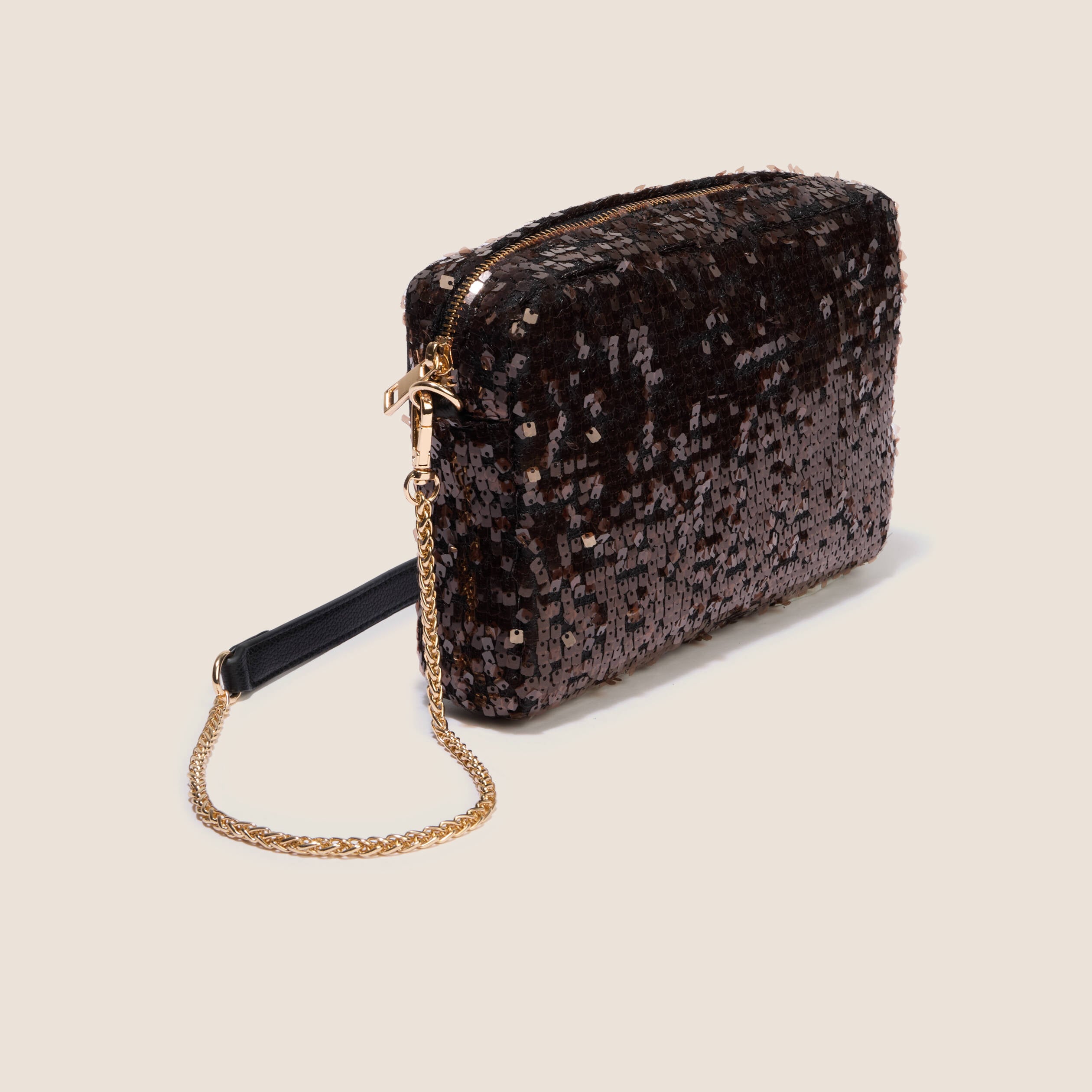 Sac en bandouli&egrave;re &agrave; sequins marron cognac femme