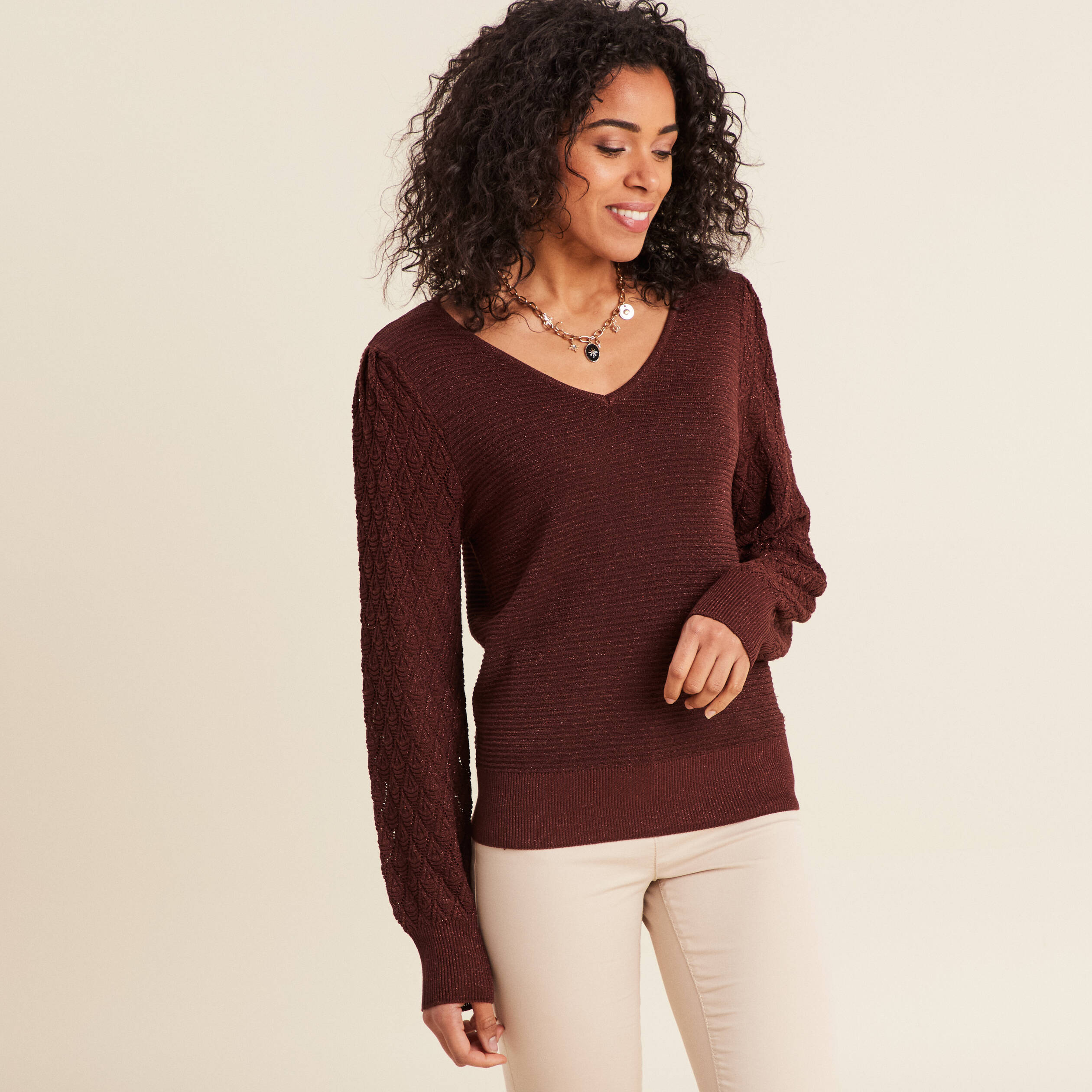 Pull manches longues bordeaux femme
