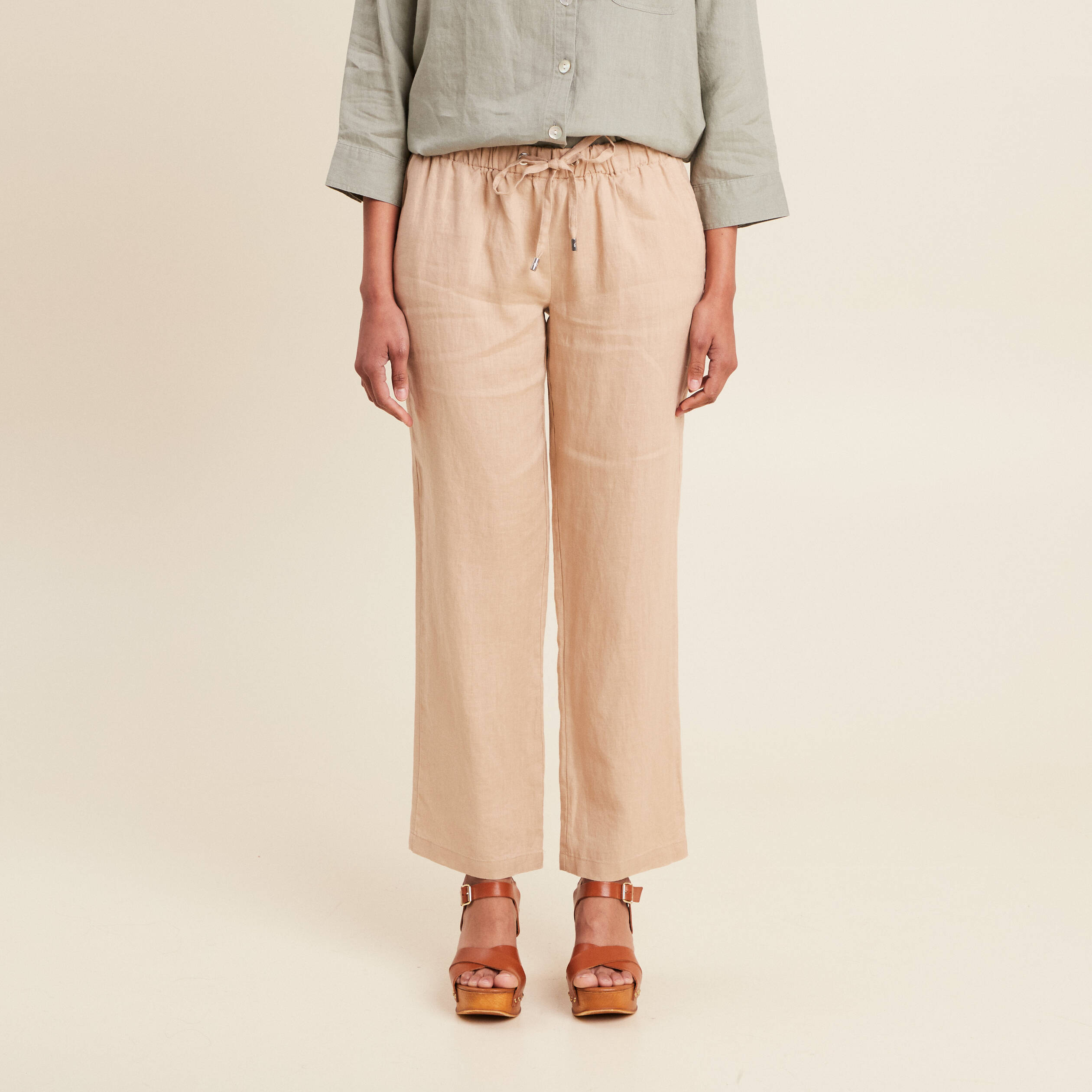 Pantalon flou 7/8ème en lin sable femme