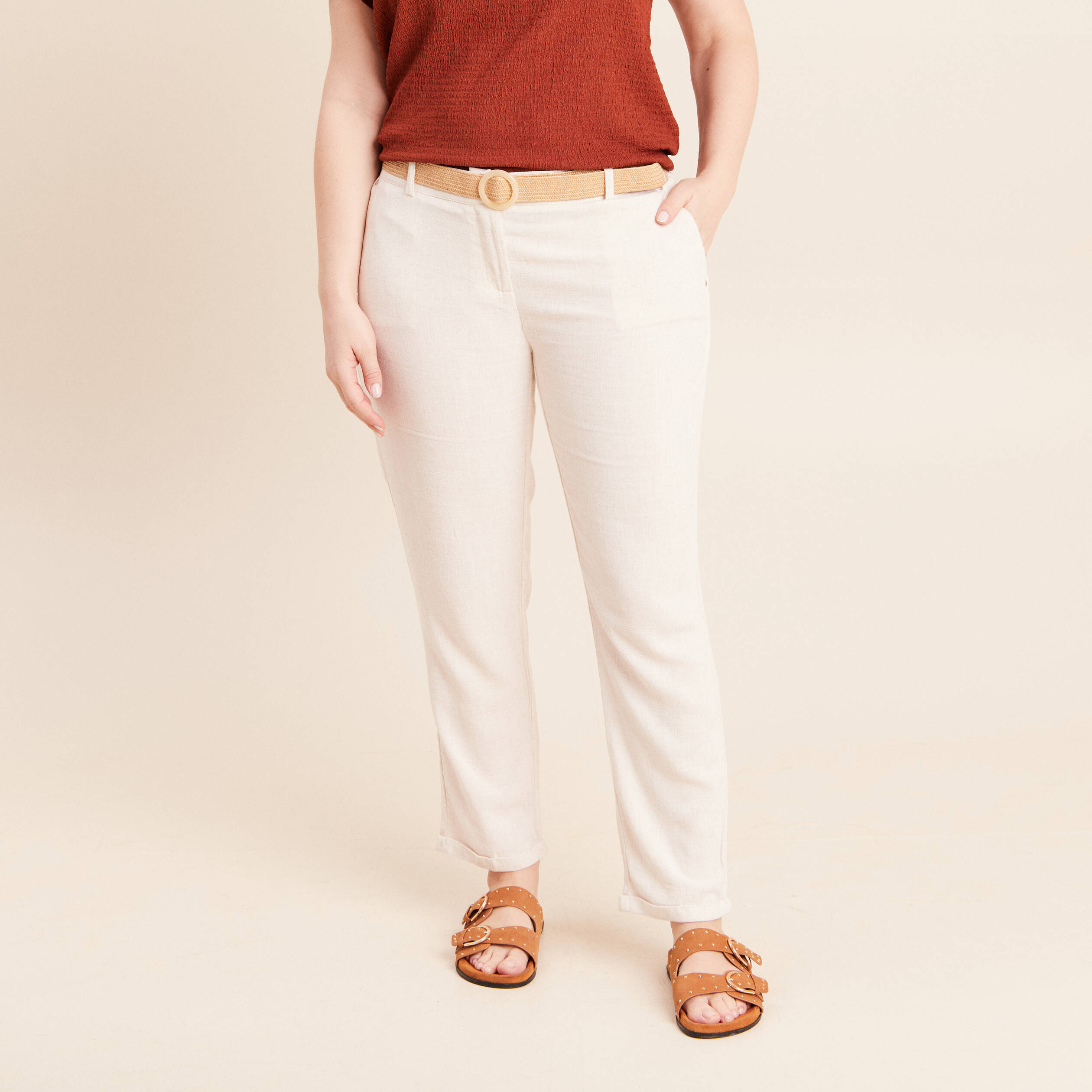 Pantalon large 7/8&egrave;me taille bascul&eacute;e beige femme
