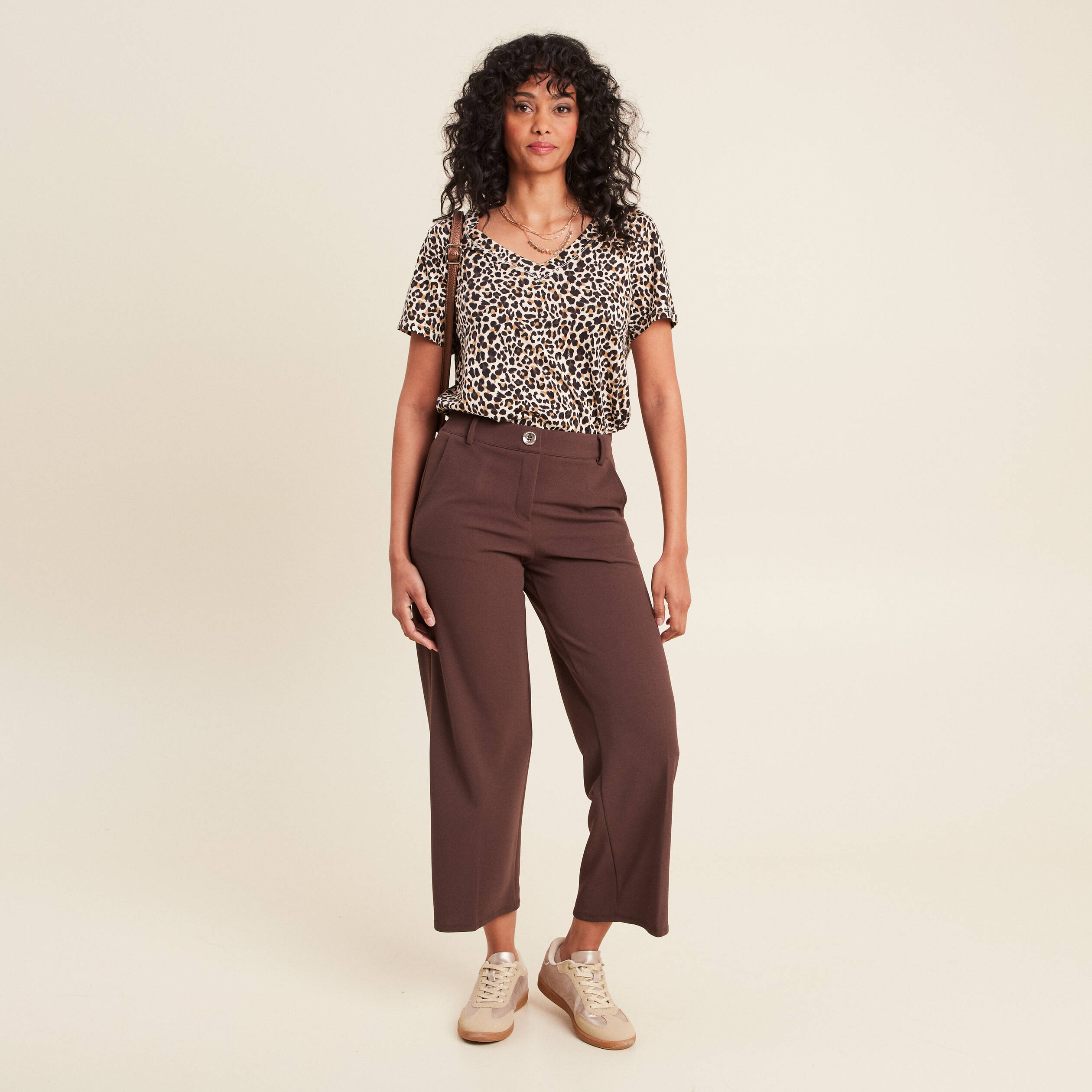 Pantalon large pinces marron femme