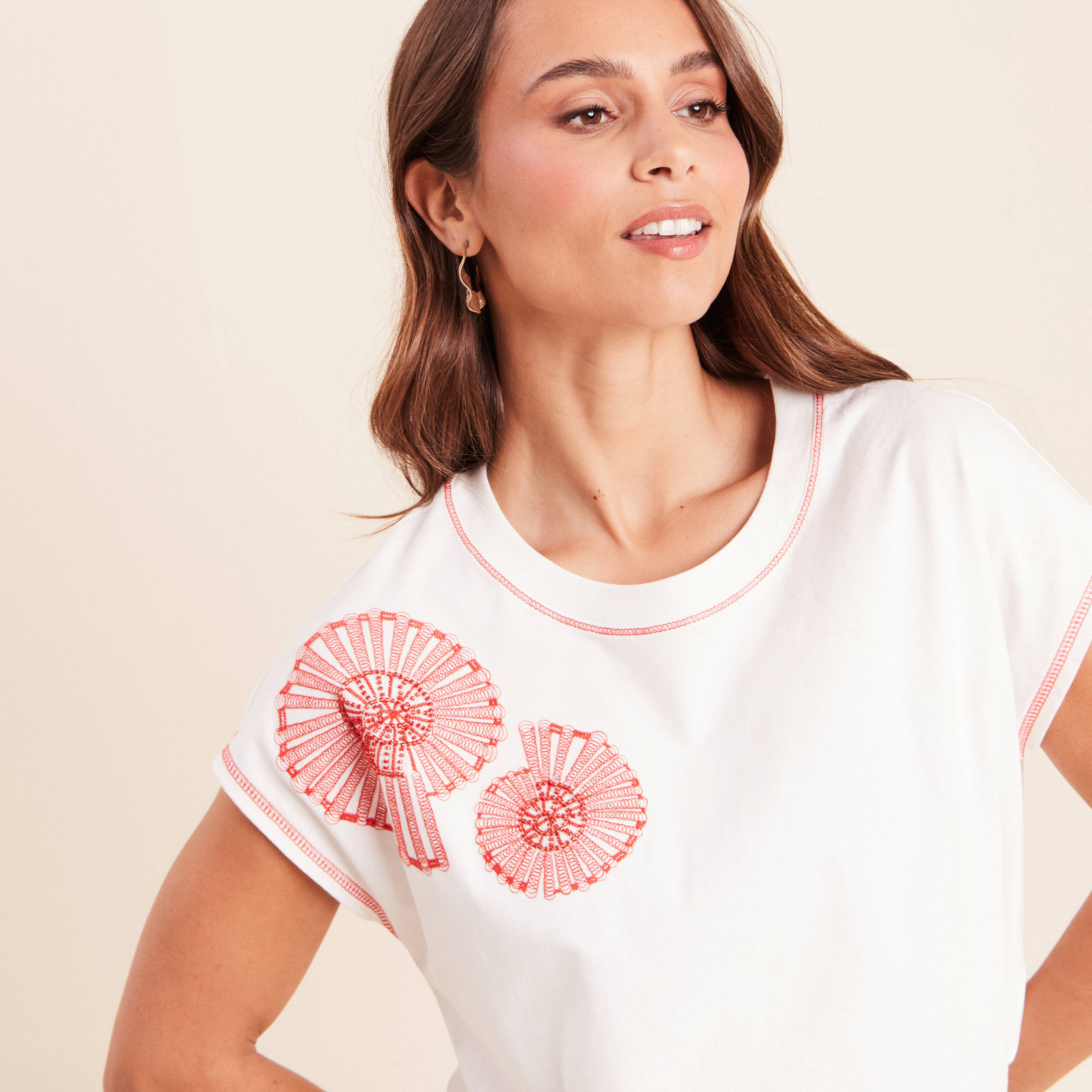 T-shirt col rond manches courtes ecru femme