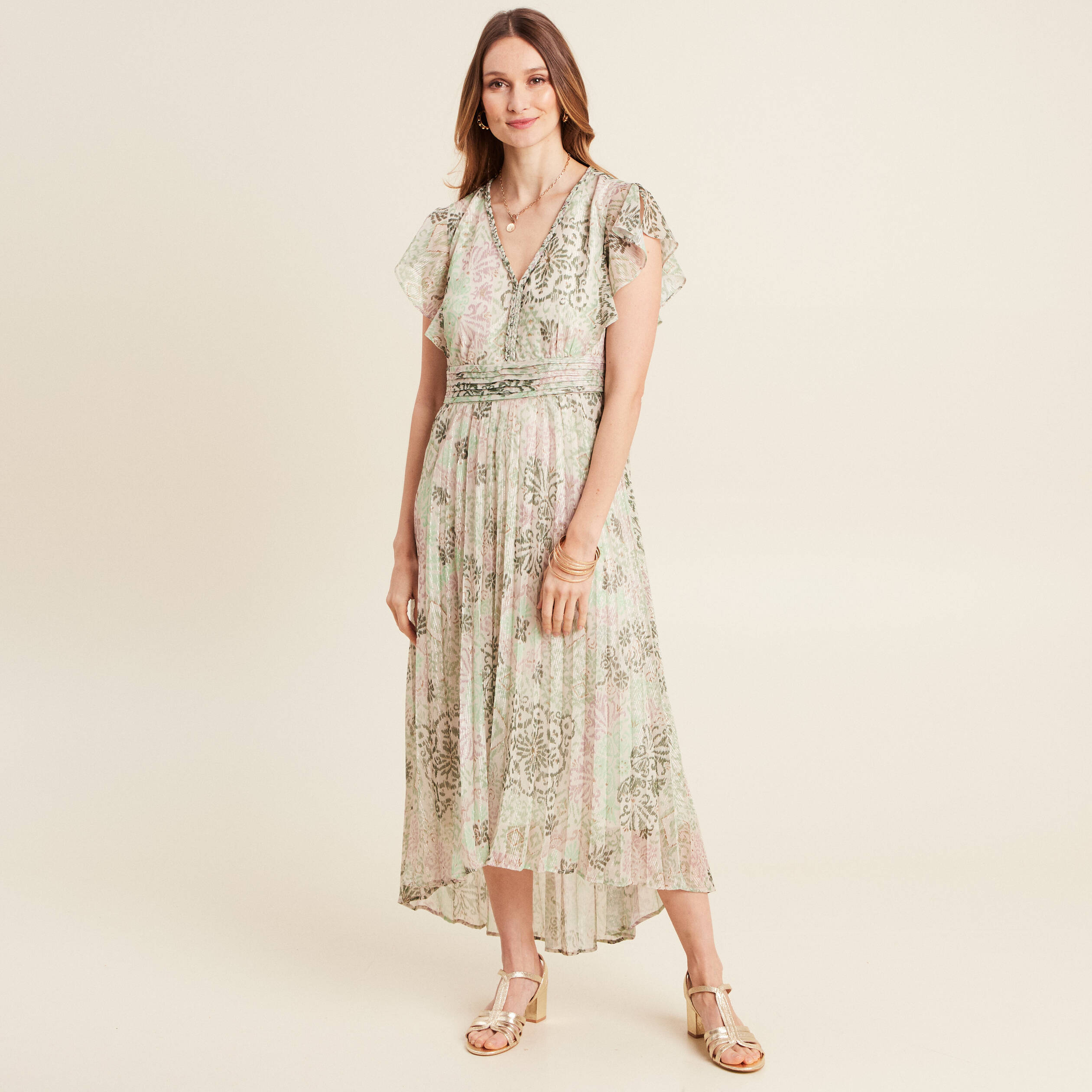 Robe longue évasée plissée vert clair femme