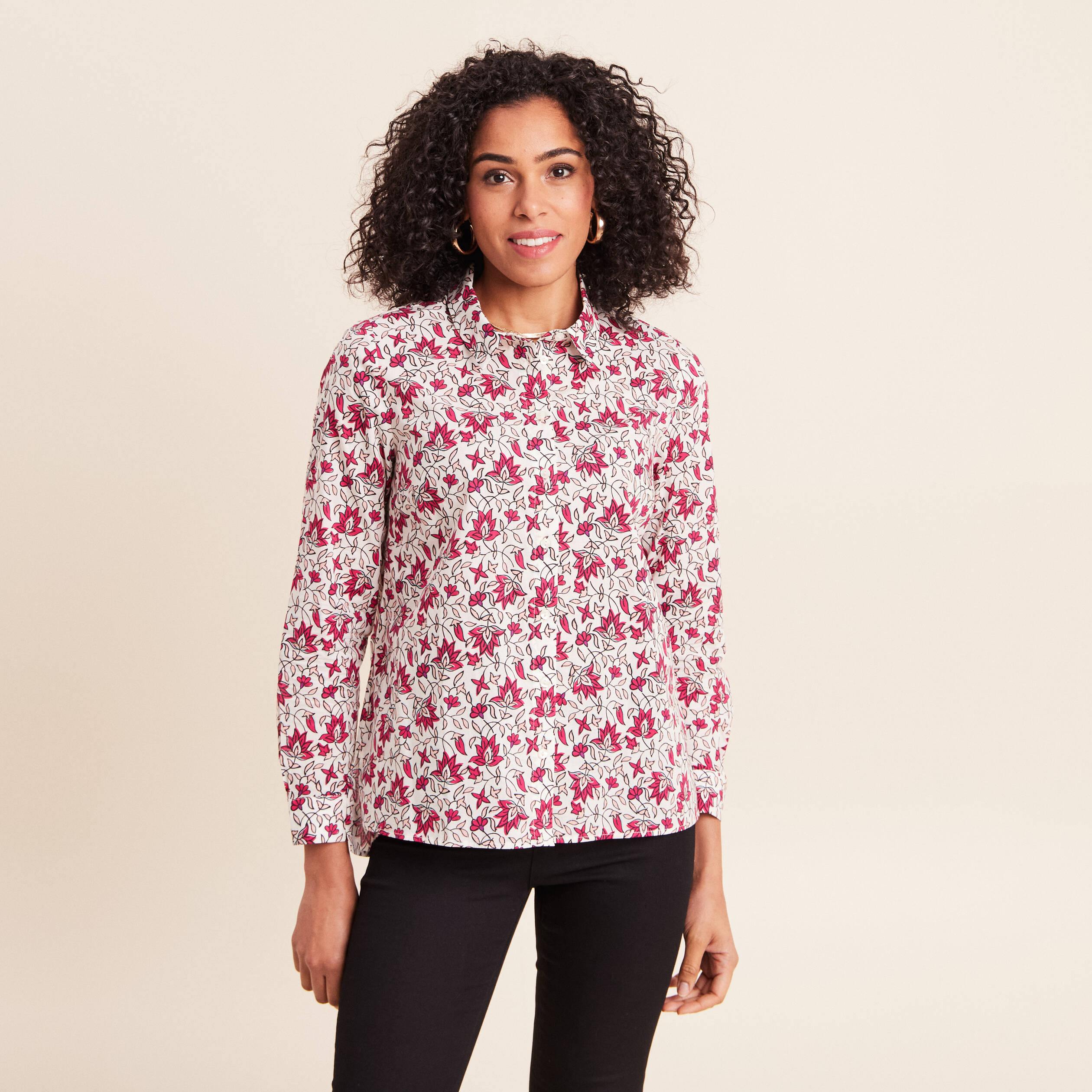 Chemise droite manches longues fluide rose femme