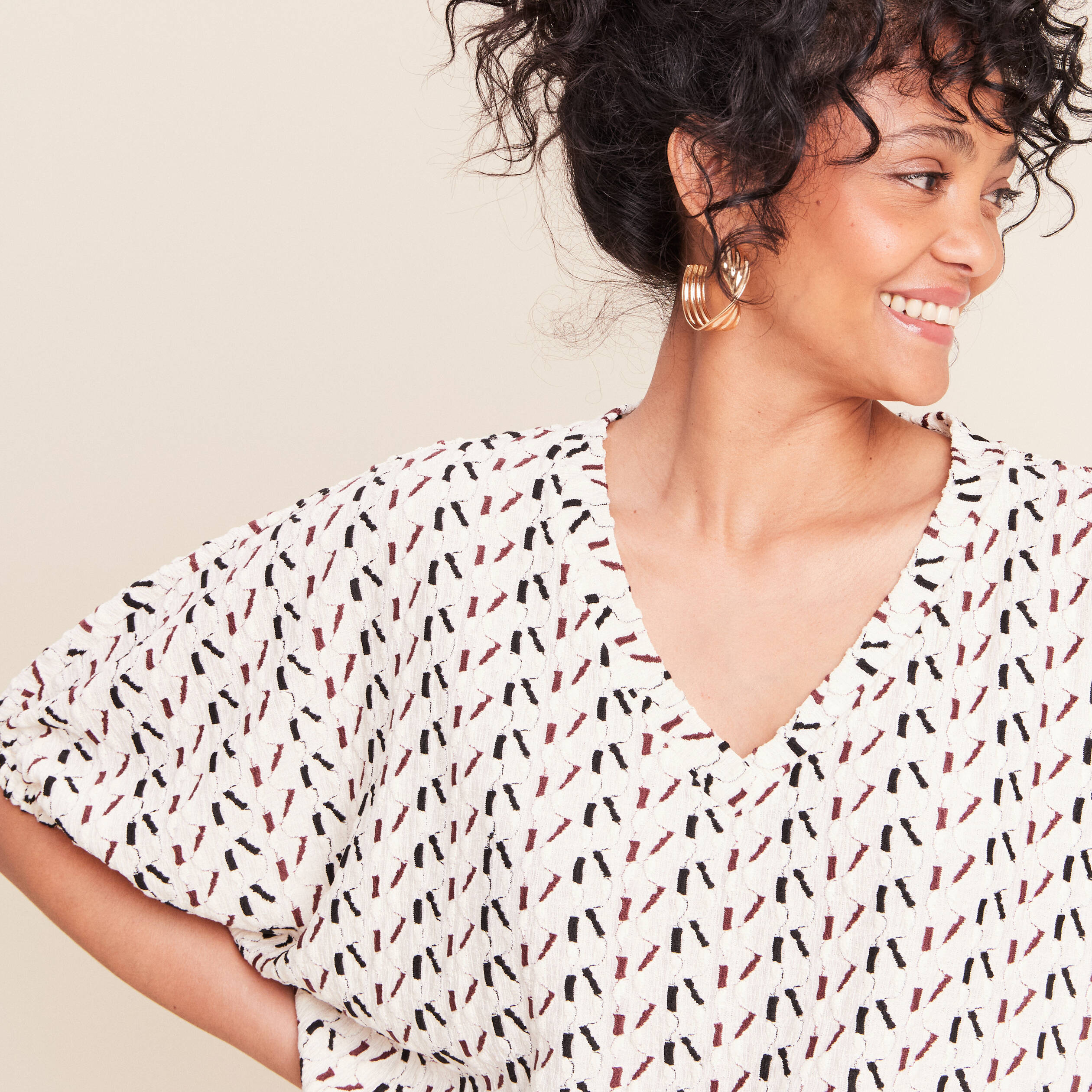 T-shirt effet boule col v manches coudes blanc femme