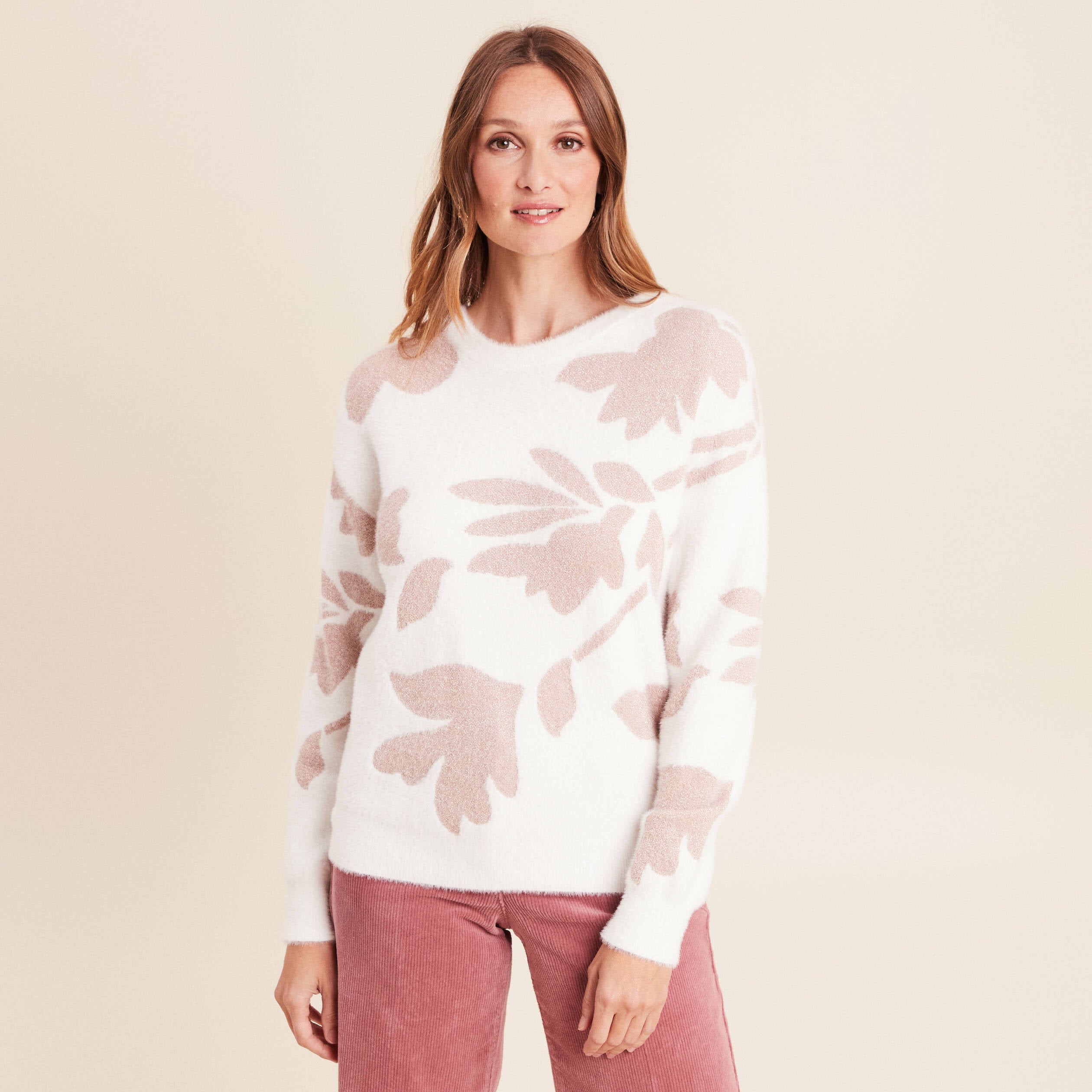 Pull col rond manches longues beige femme