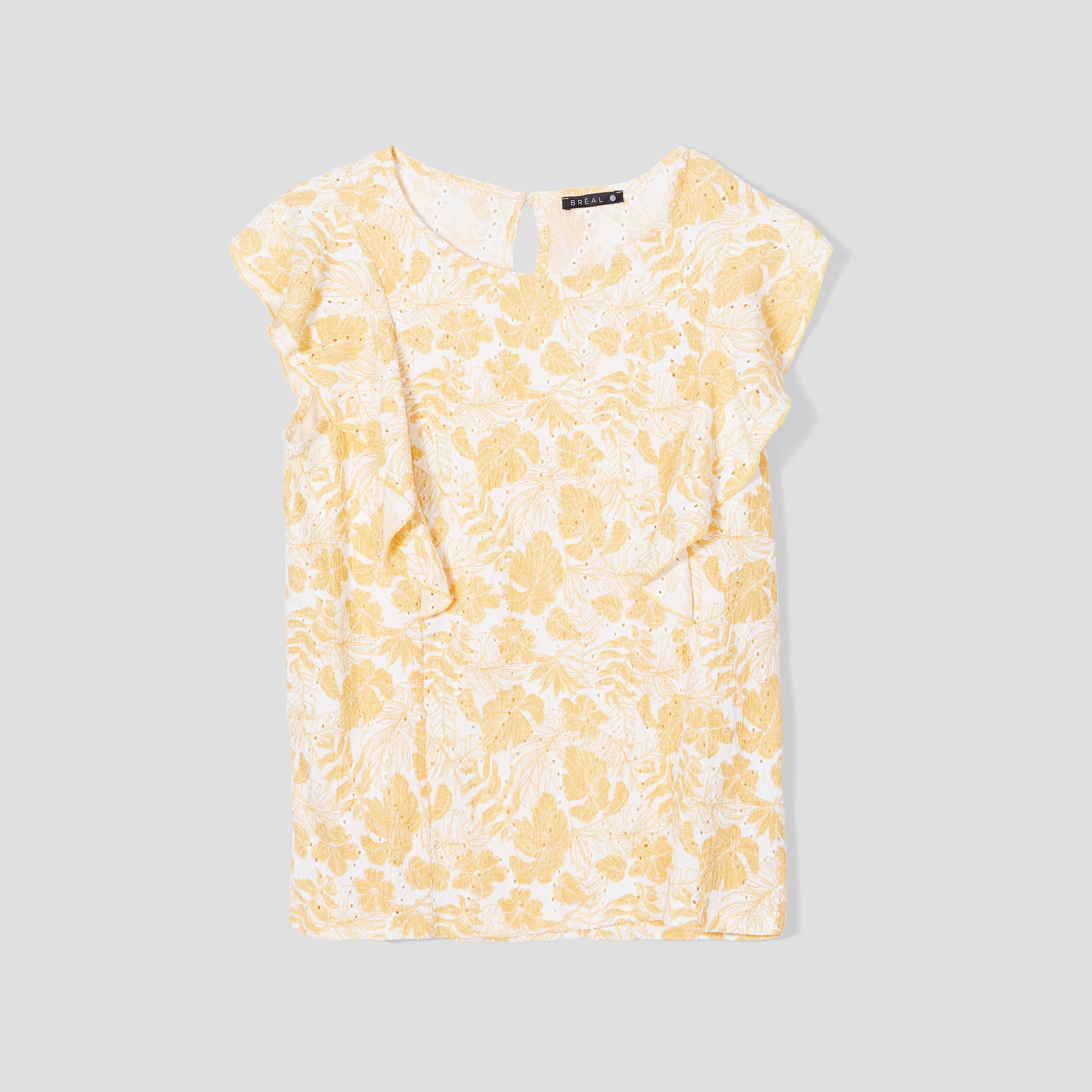 T-shirt manches courtes ajour&eacute; jaune moutarde femme