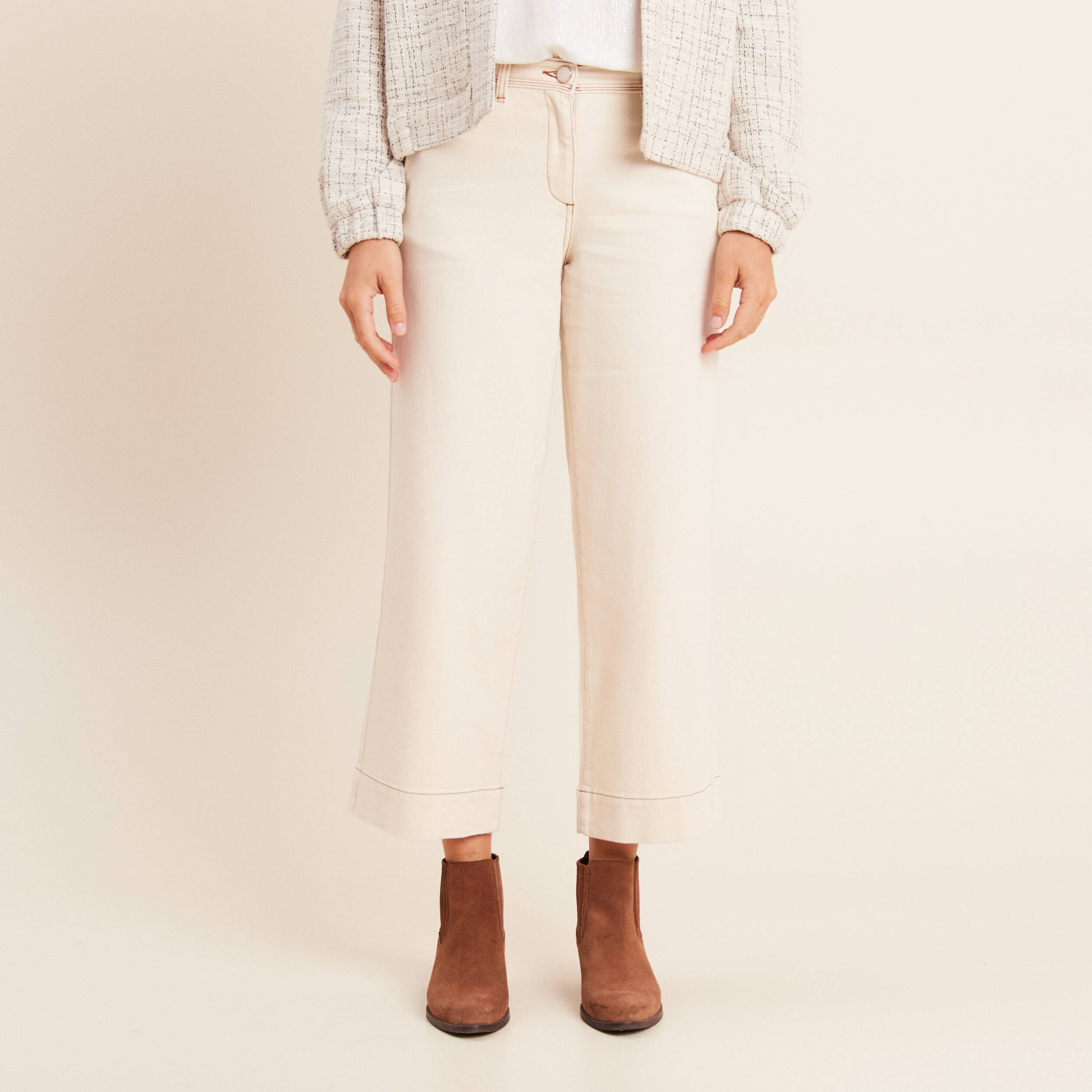Jean large taille haute 7/8&egrave;me ivoire femme