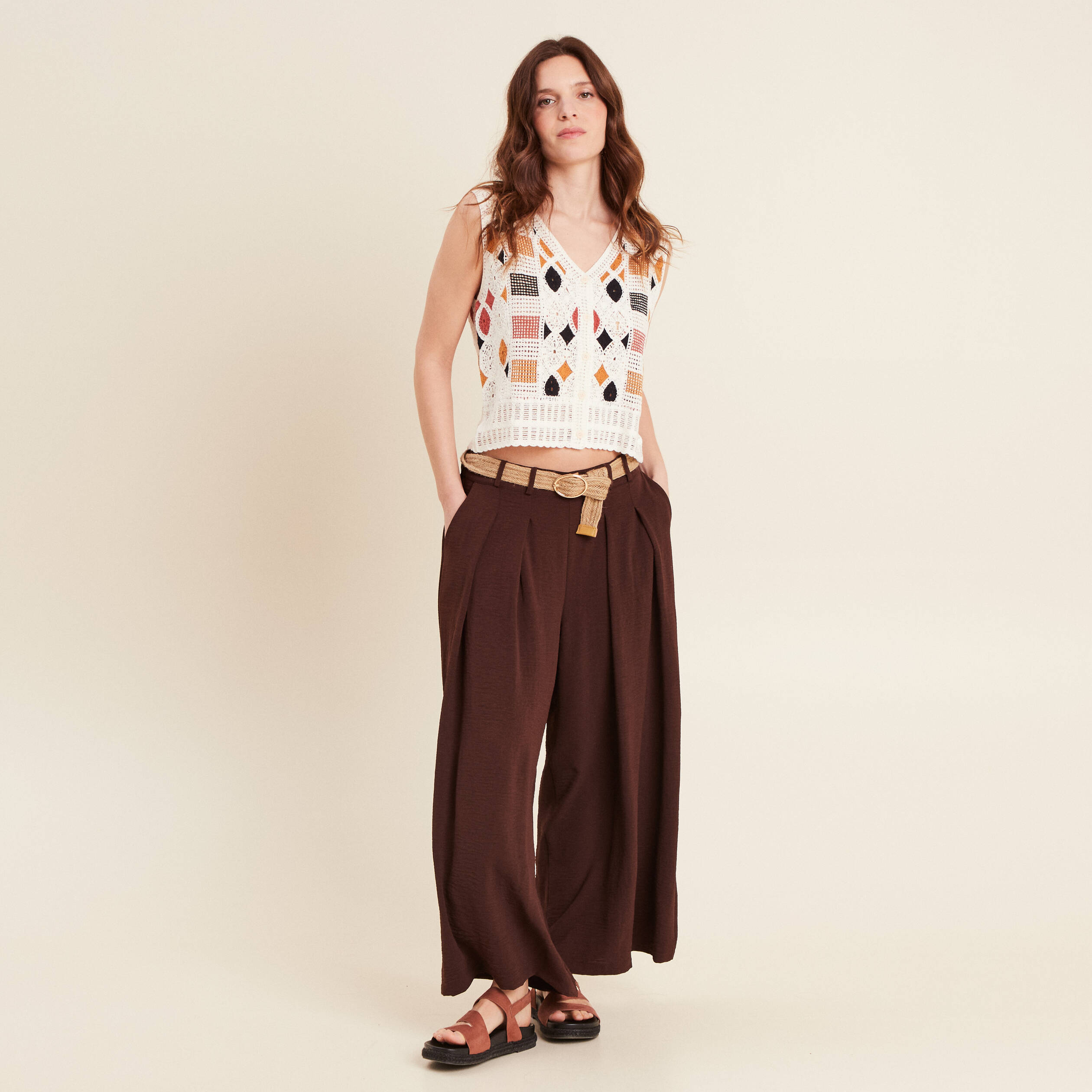 Pantalon jupe-culotte large bordeaux femme
