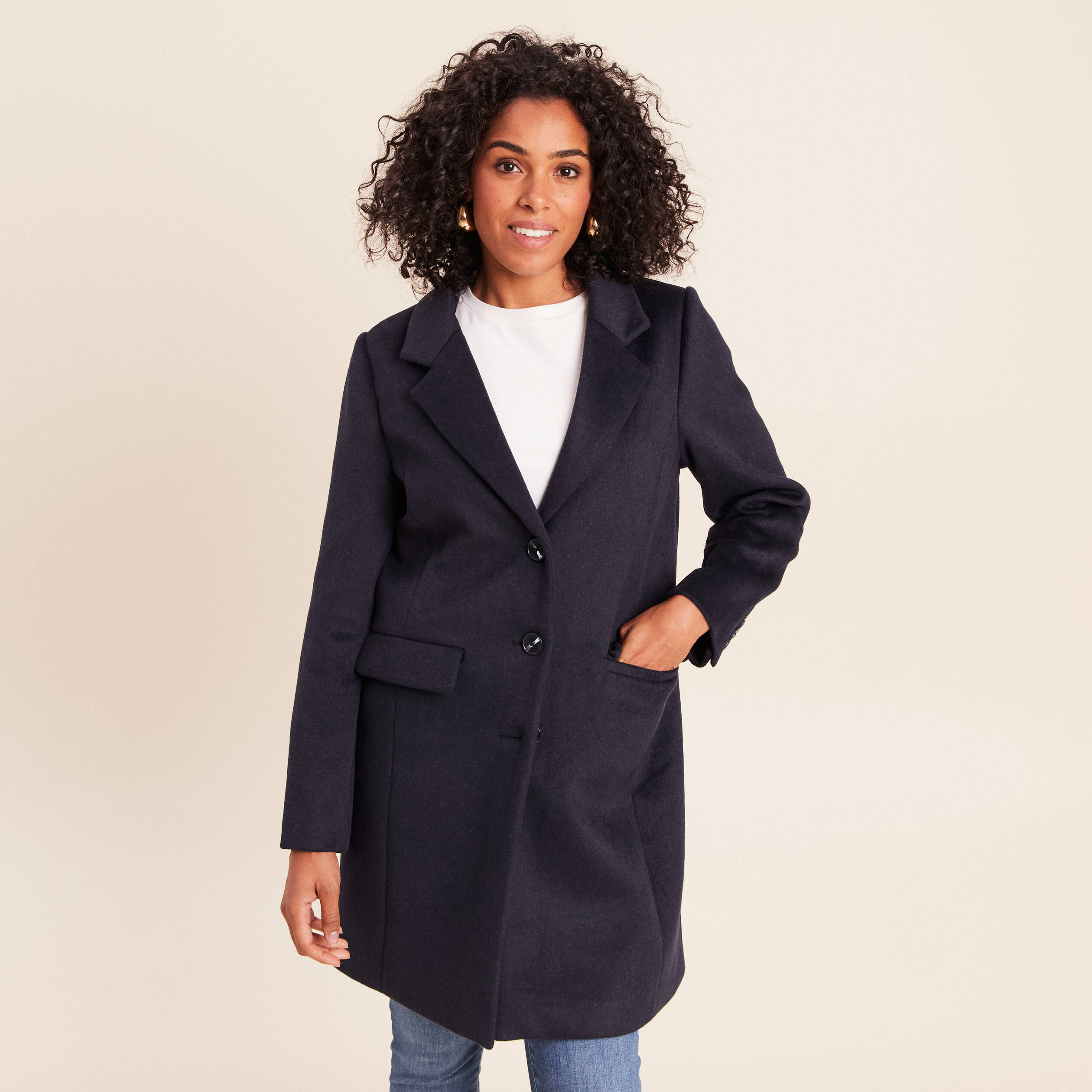 Manteau en droit à capuche bleu foncé femme Bréal