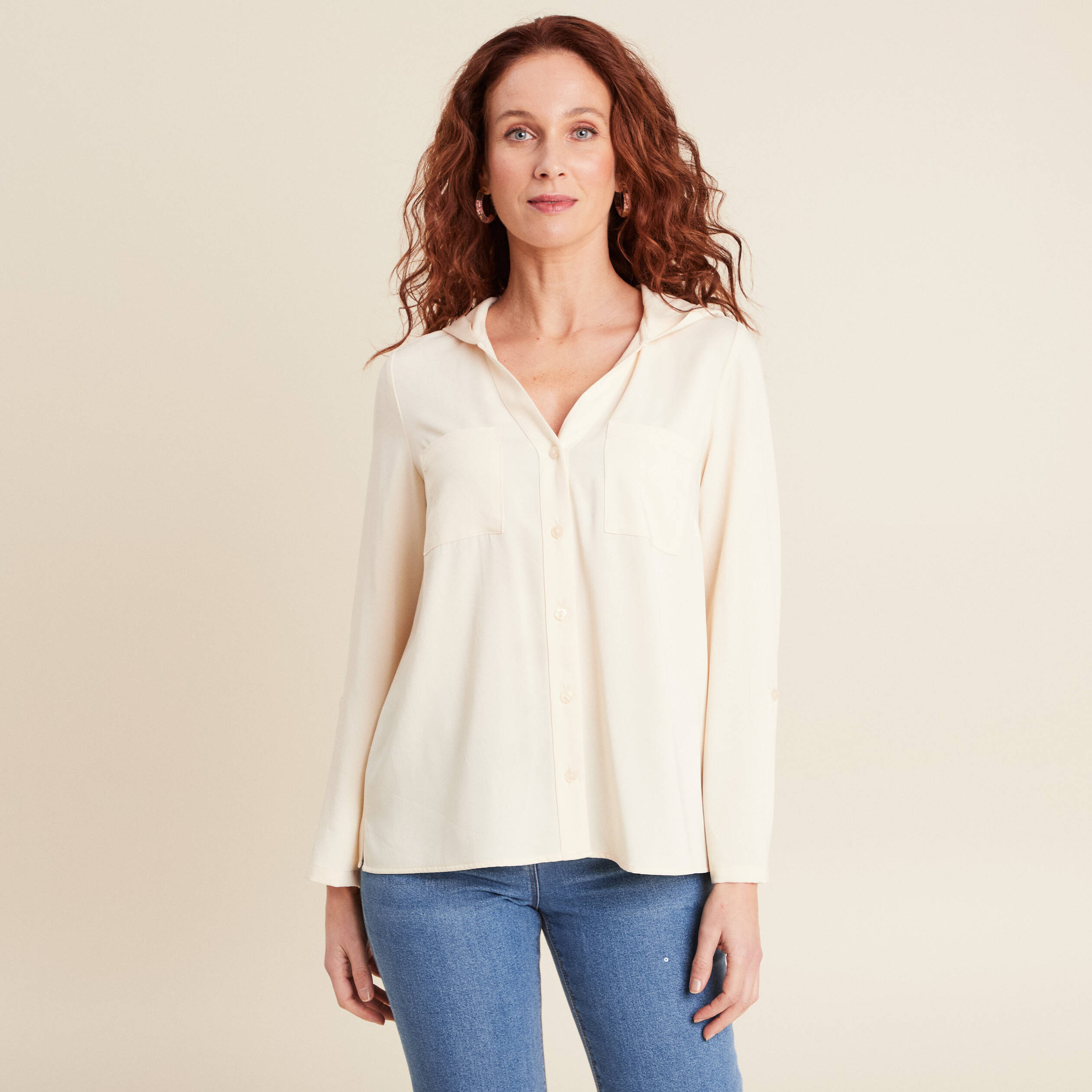 blouse manches 34 a capuche ecru femme Blouse manches 3/4 à capuche ecru femme