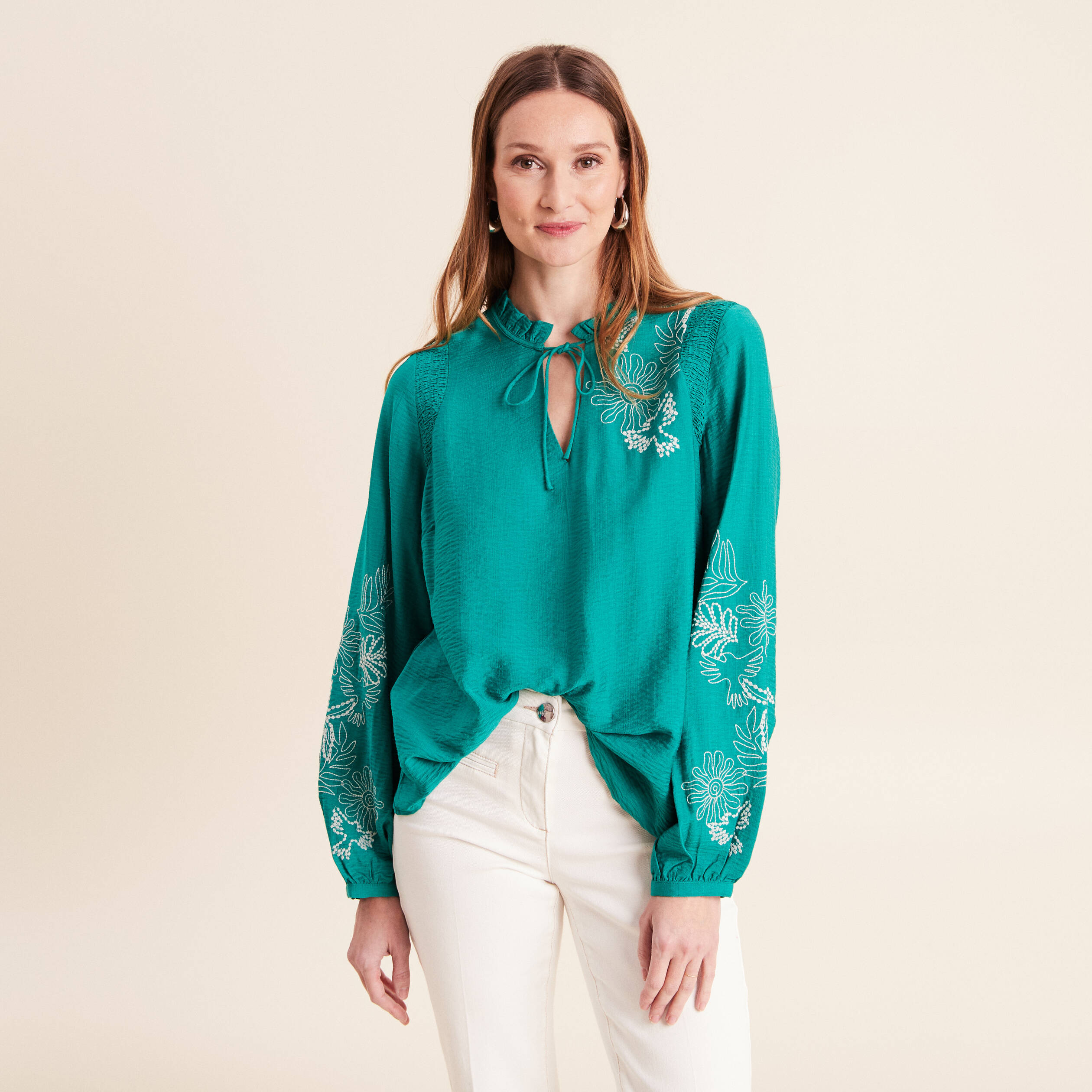 Blouse fluide col avec lien vert menthe femme