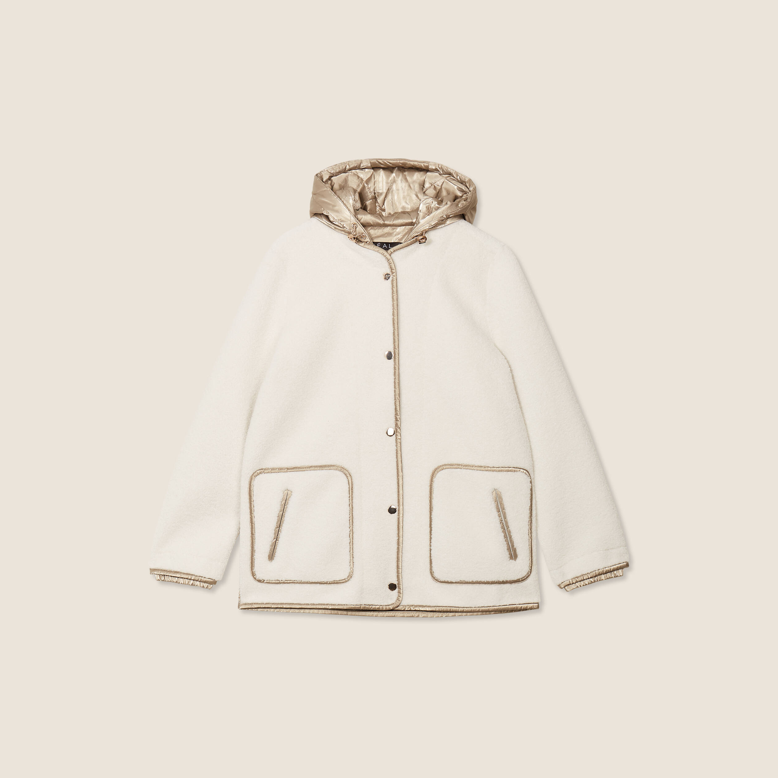 Manteau effet laine mouton &agrave; capuche ecru femme