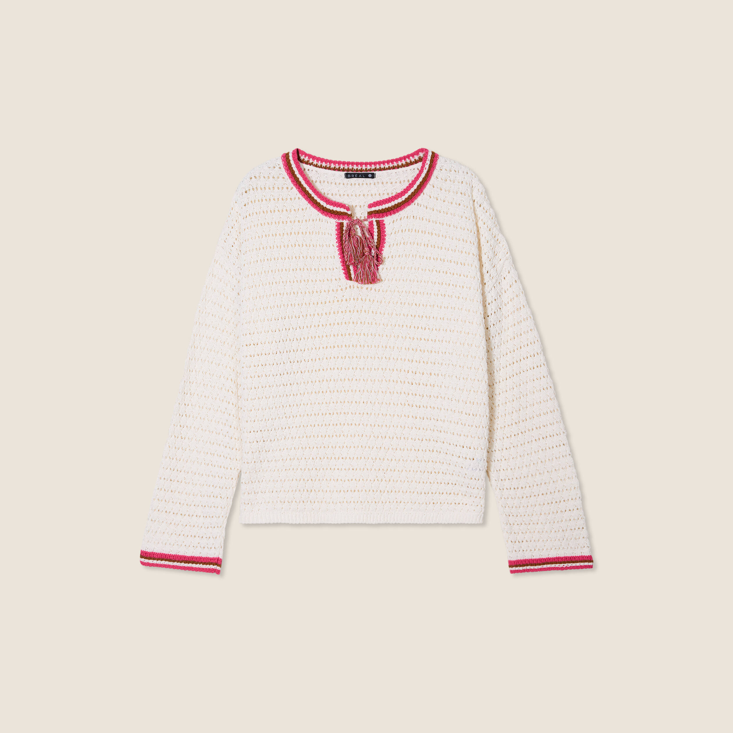 Pull manches longues ajouré ecru femme