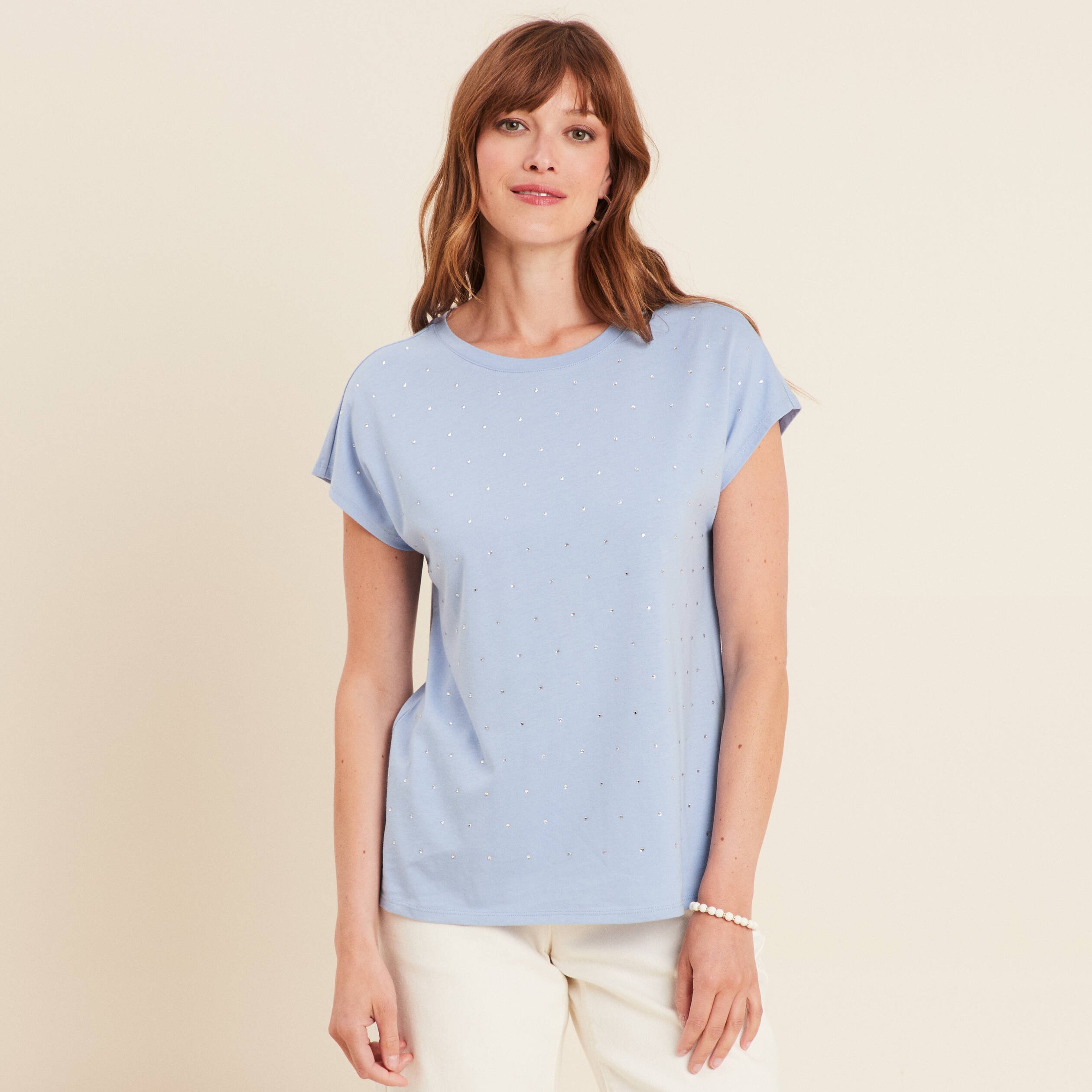 t shirt manches courtes strass bleu ciel femme T-shirt manches courtes strass bleu ciel femme