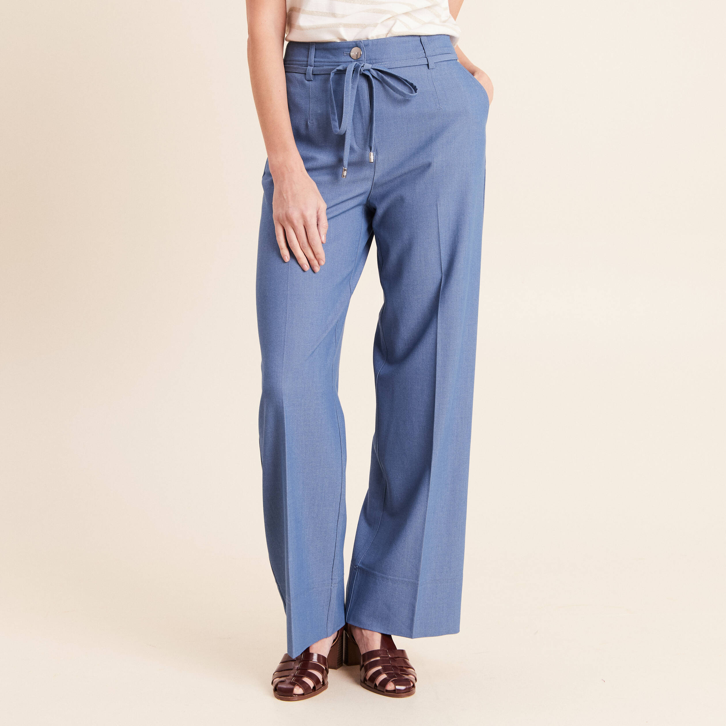 Pantalon coupe large taille haute fluide denim double stone femme