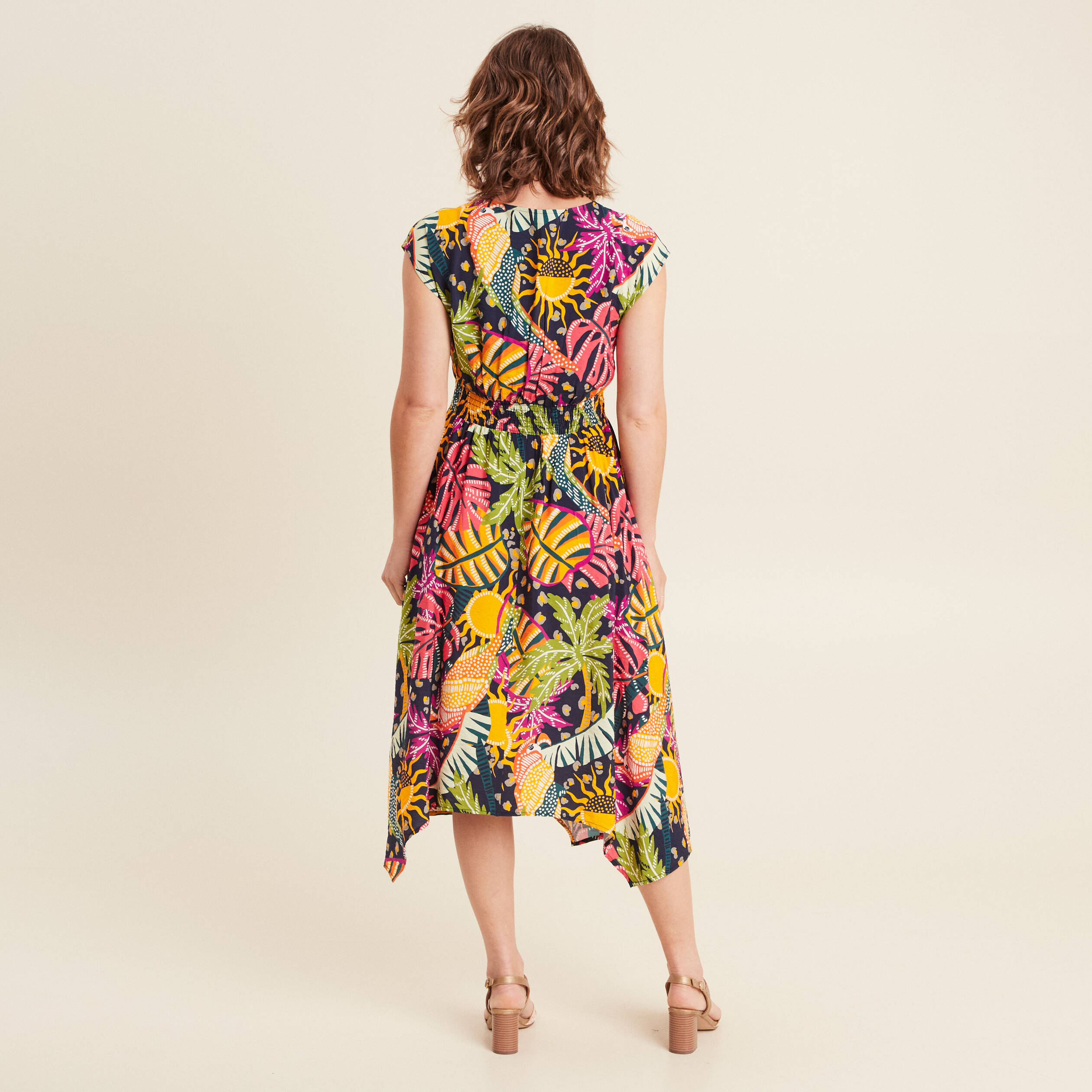 Robe longue évasée sans manches multicolore femme