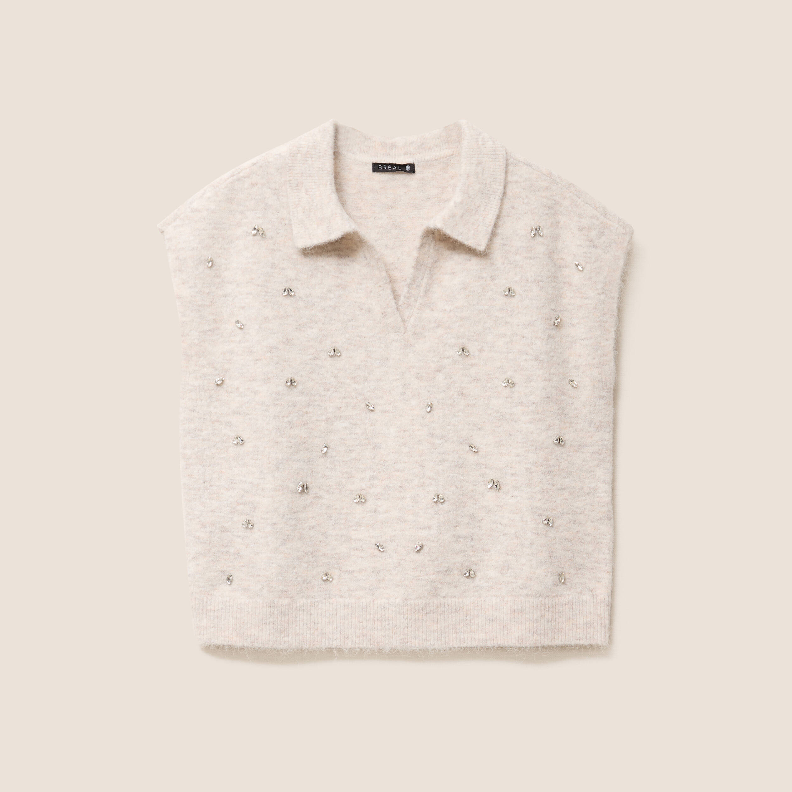 pull sans manches col chemise beige femme Pull sans manches col chemise beige femme