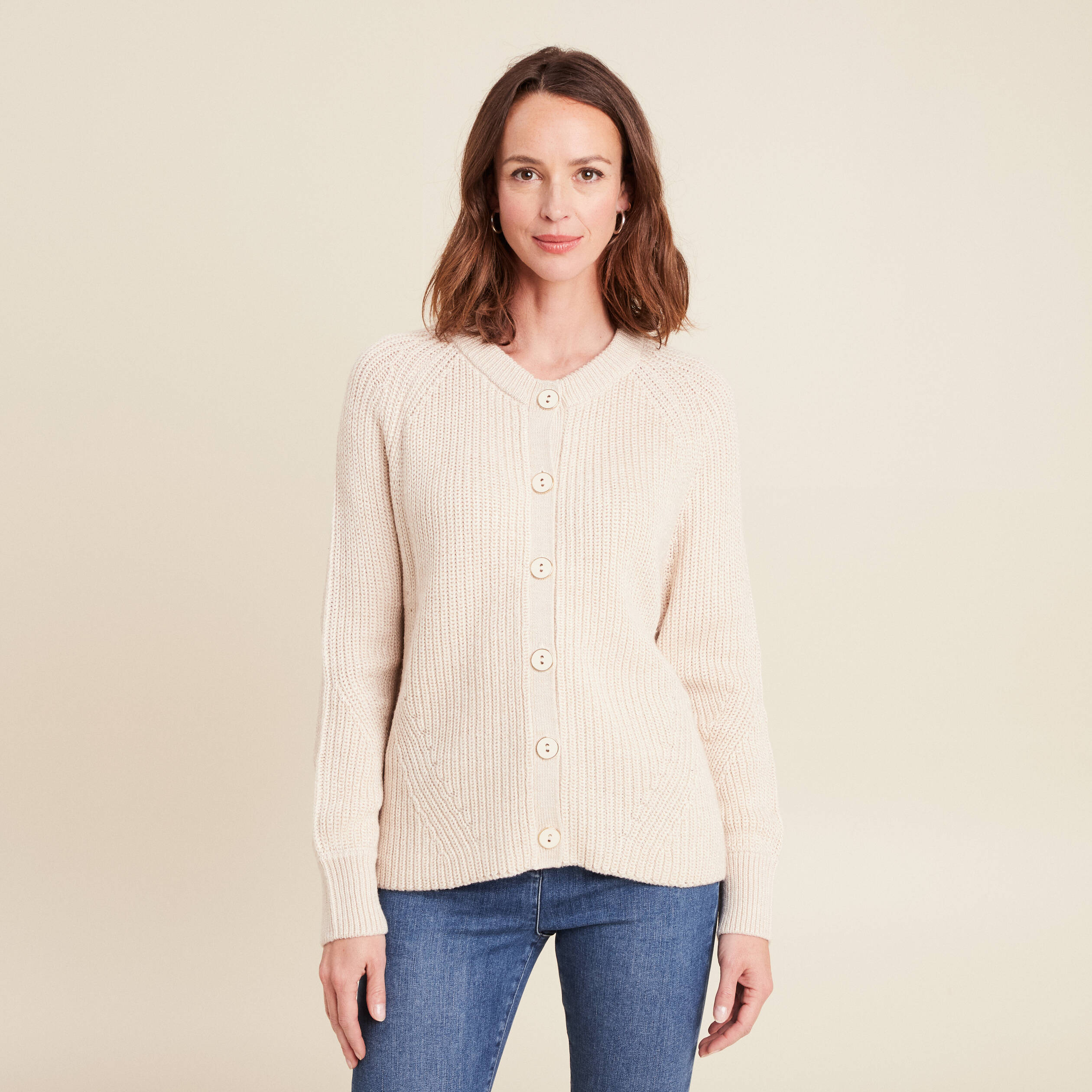 gilet droit mi long col rond creme femme Gilet droit mi-long col rond creme femme