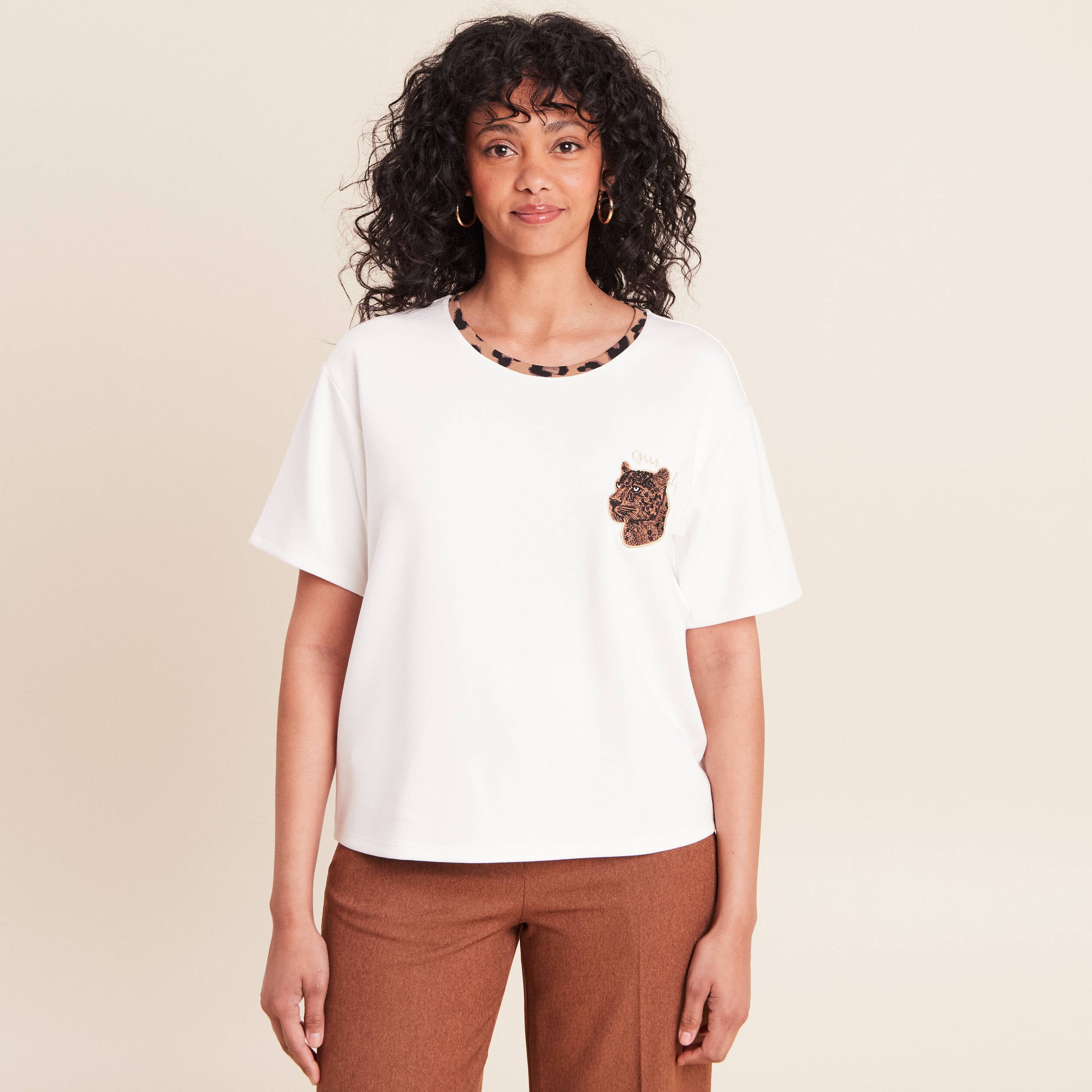 T-shirt col rond manches courtes ecru femme