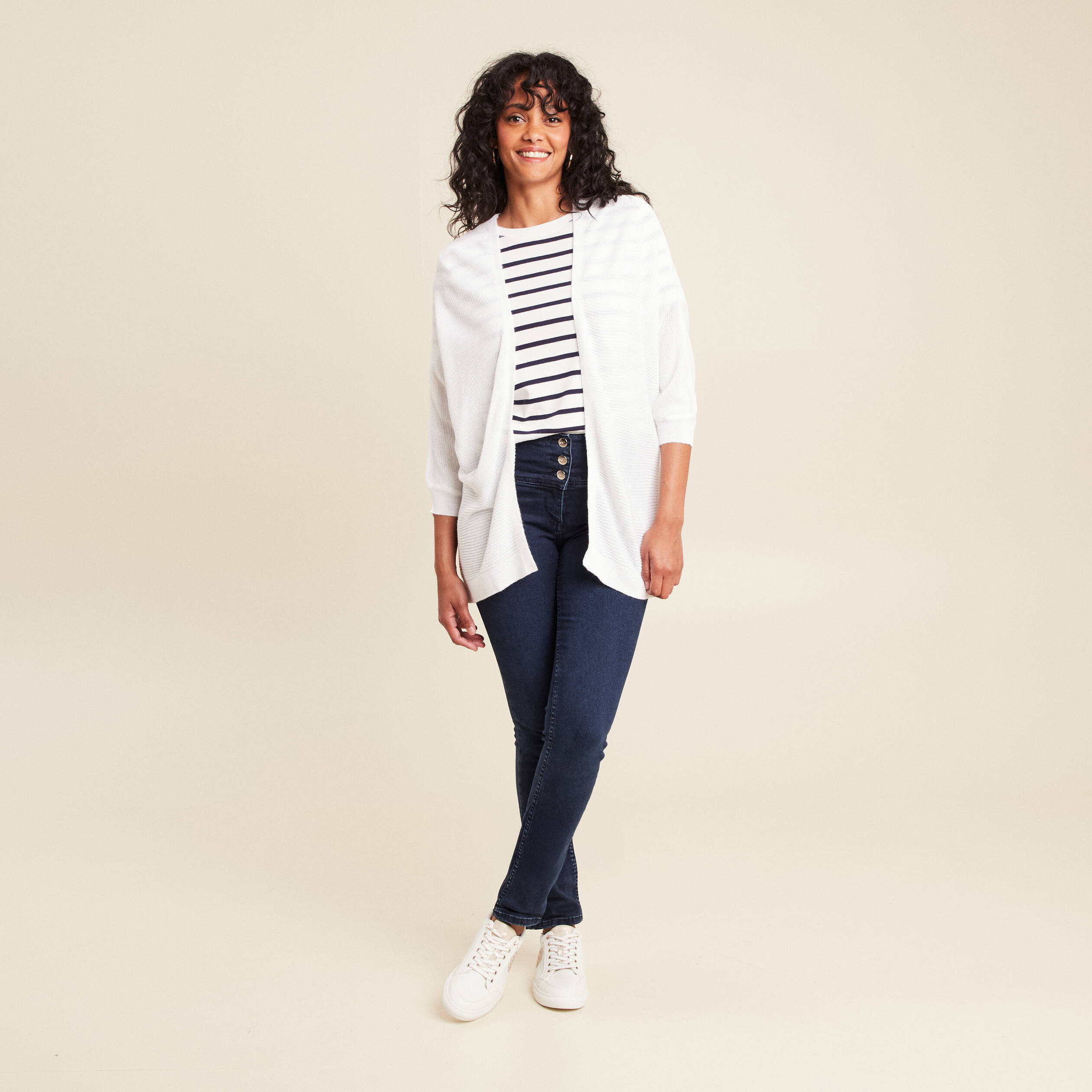 gilet droit mi long a pans manches 34 ecru femme Gilet droit mi-long à pans manches 3/4 ecru femme
