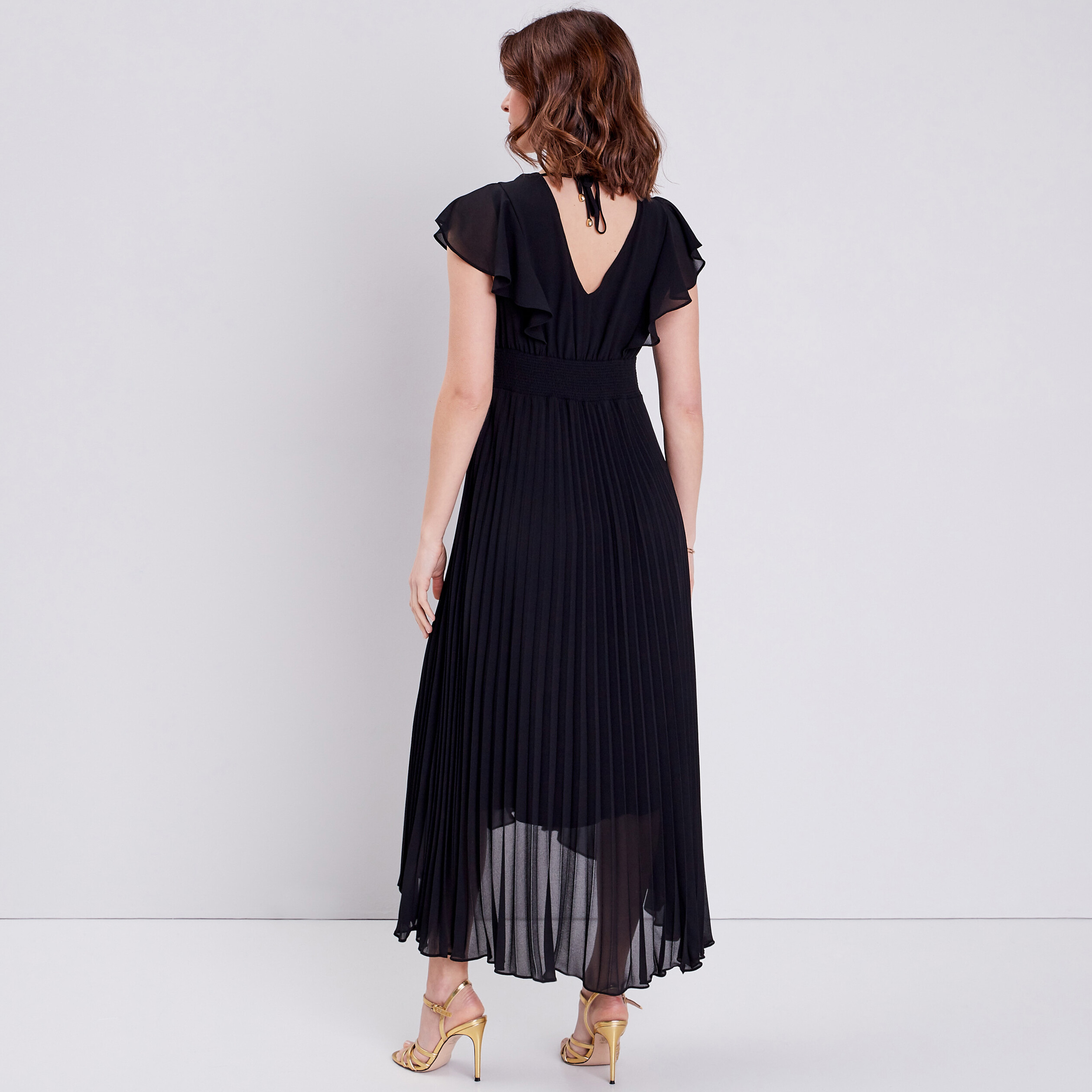 Robe longue évasée à volants noir femme