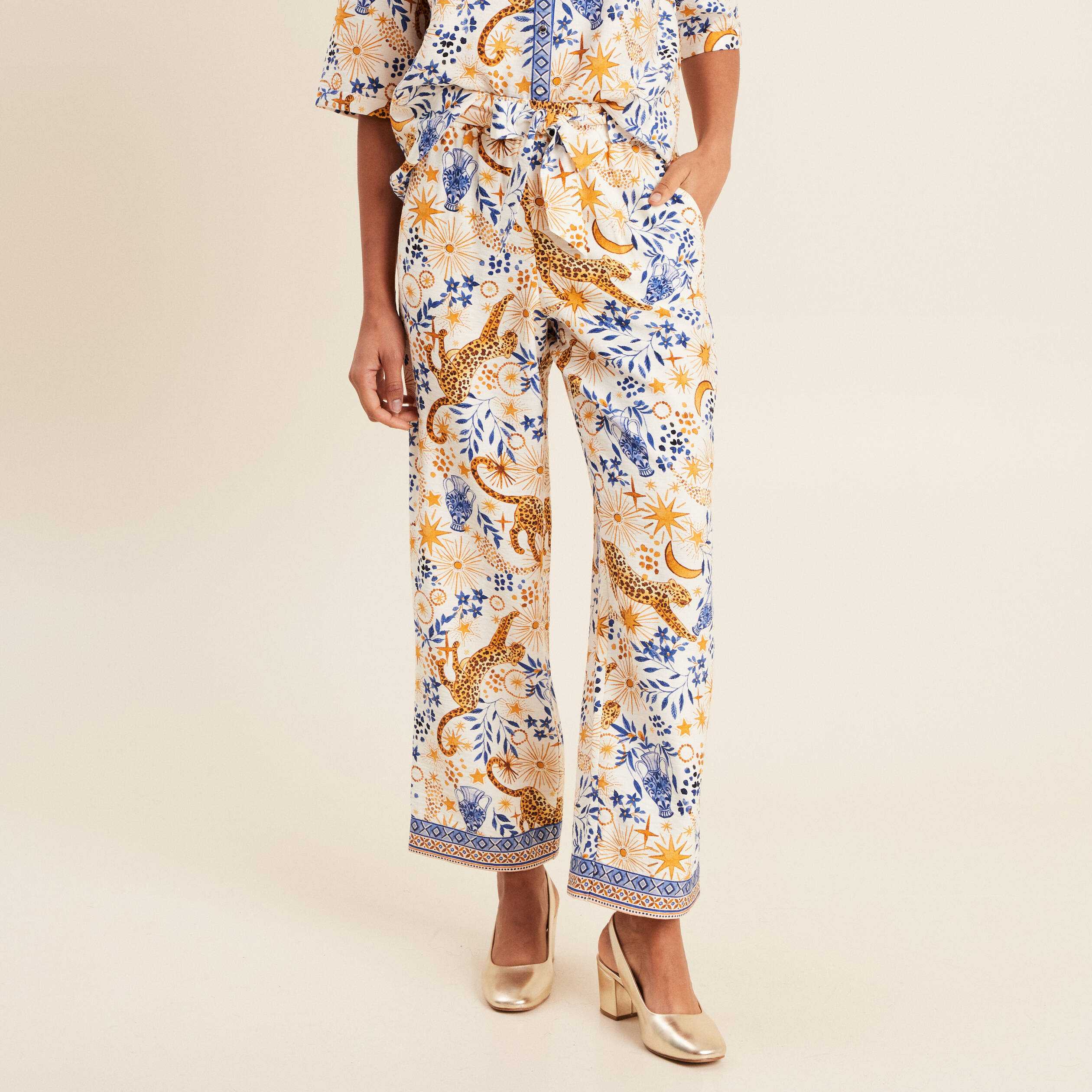 Pantalon fluide taille haute bleu femme