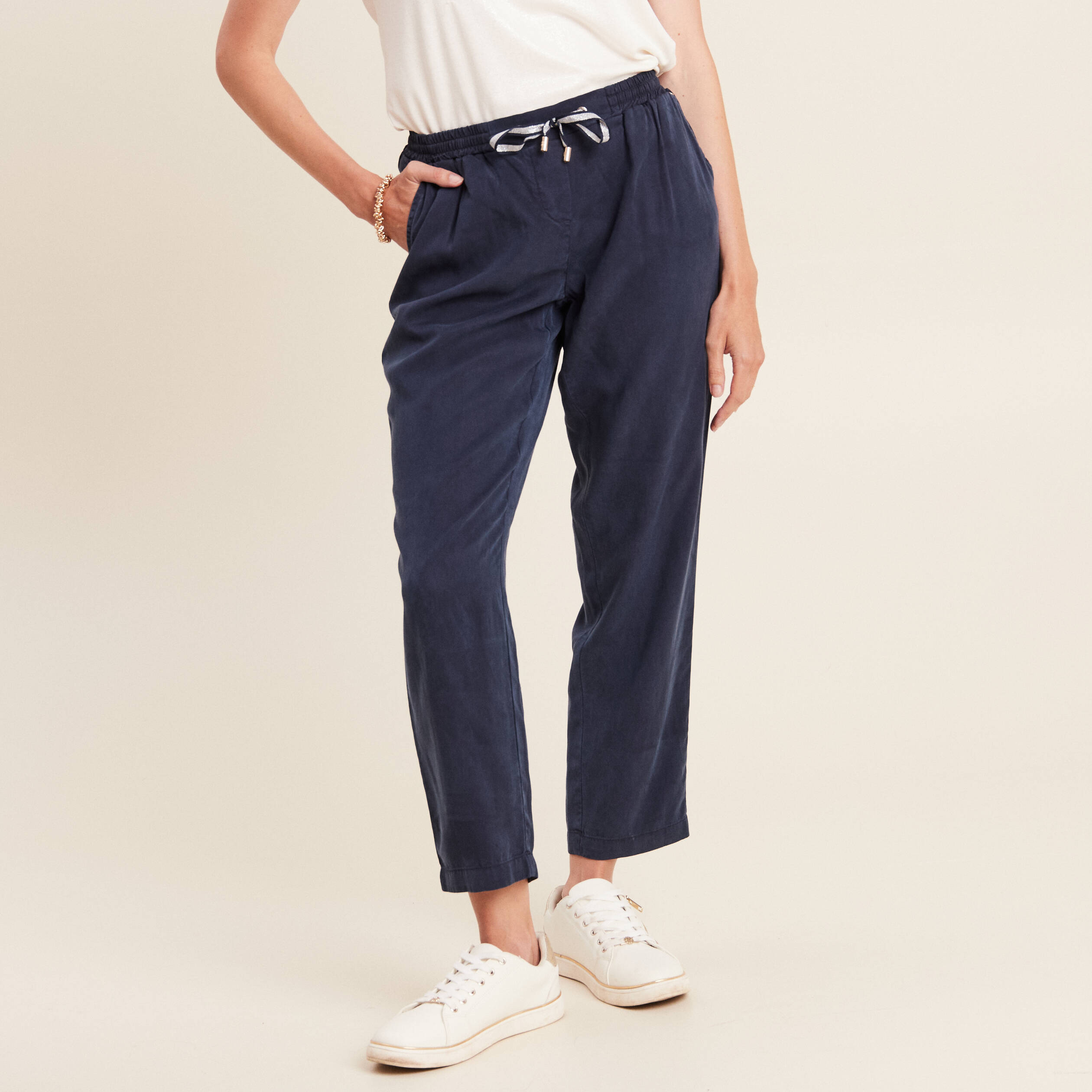 Pantalon chino fluide 7 8eme bleu marine femme Breal