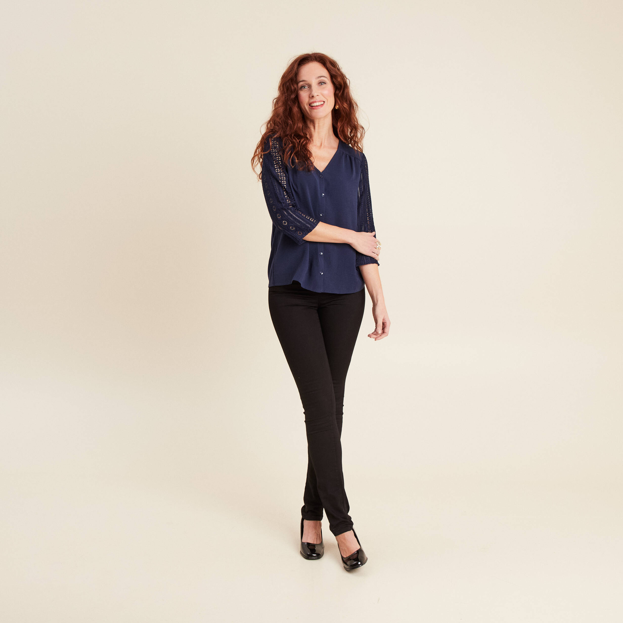 Blouse manches 3/4 bleu marine femme