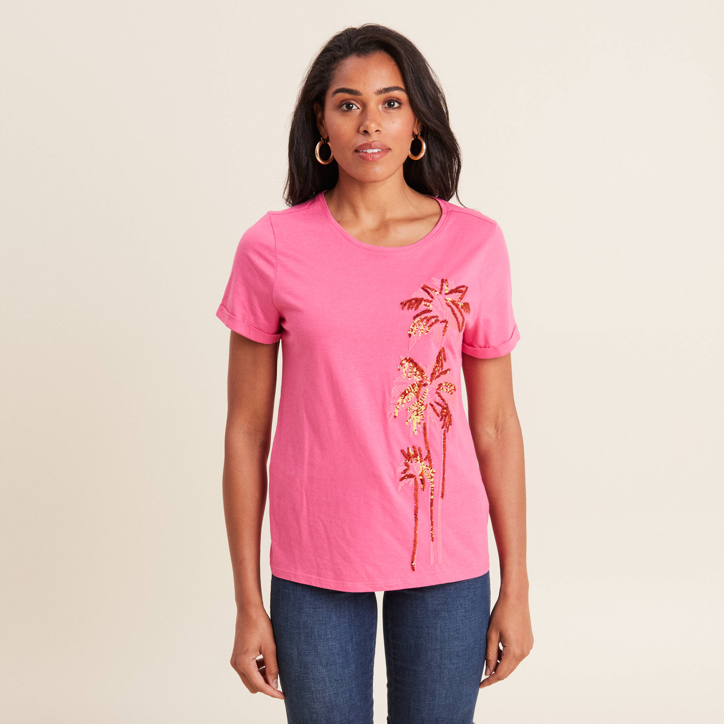 T-shirt manches courtes rose fushia femme