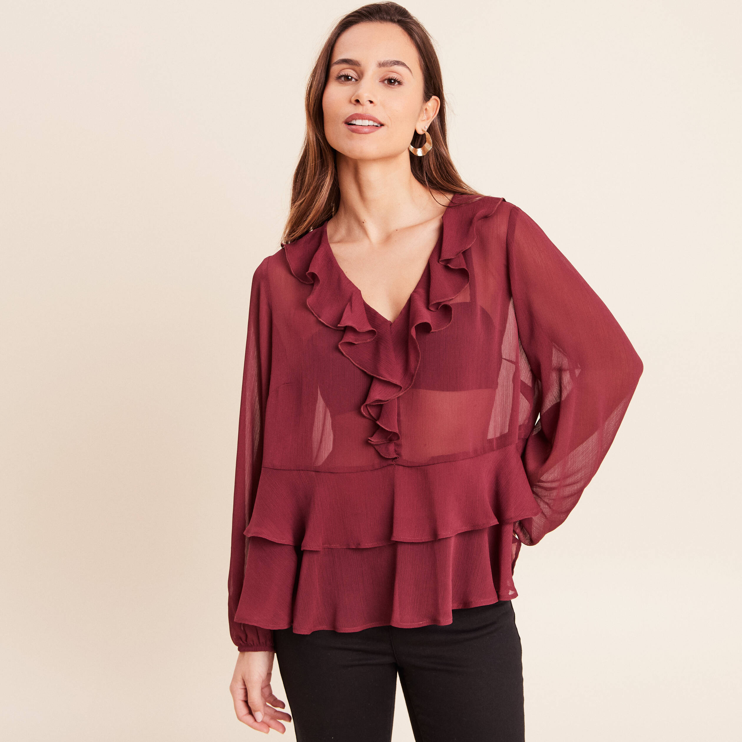 Blouse ample en voile manches longues prune femme