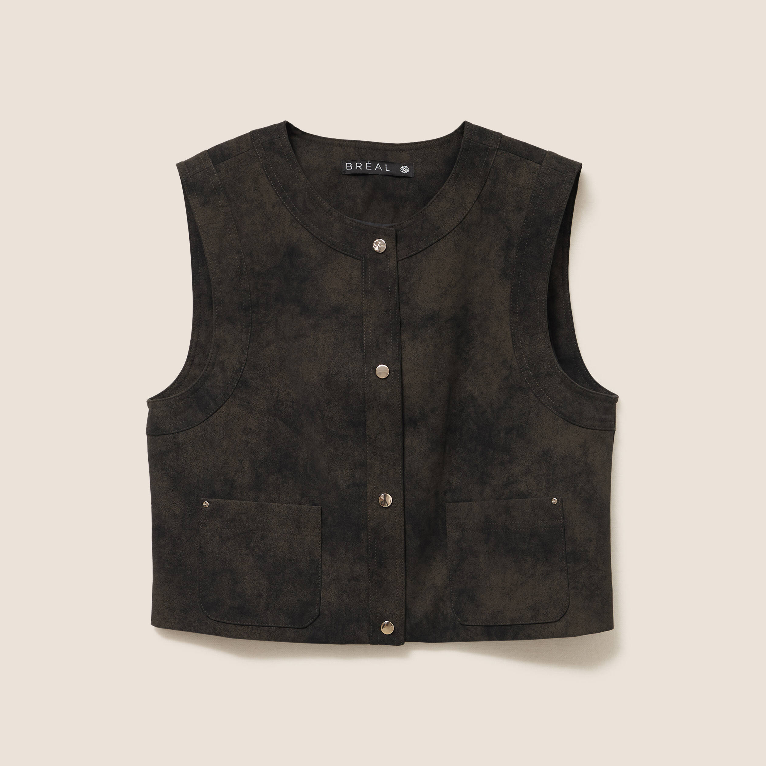 Veste sans manches aspect daim doubl&eacute;e vert kaki femme