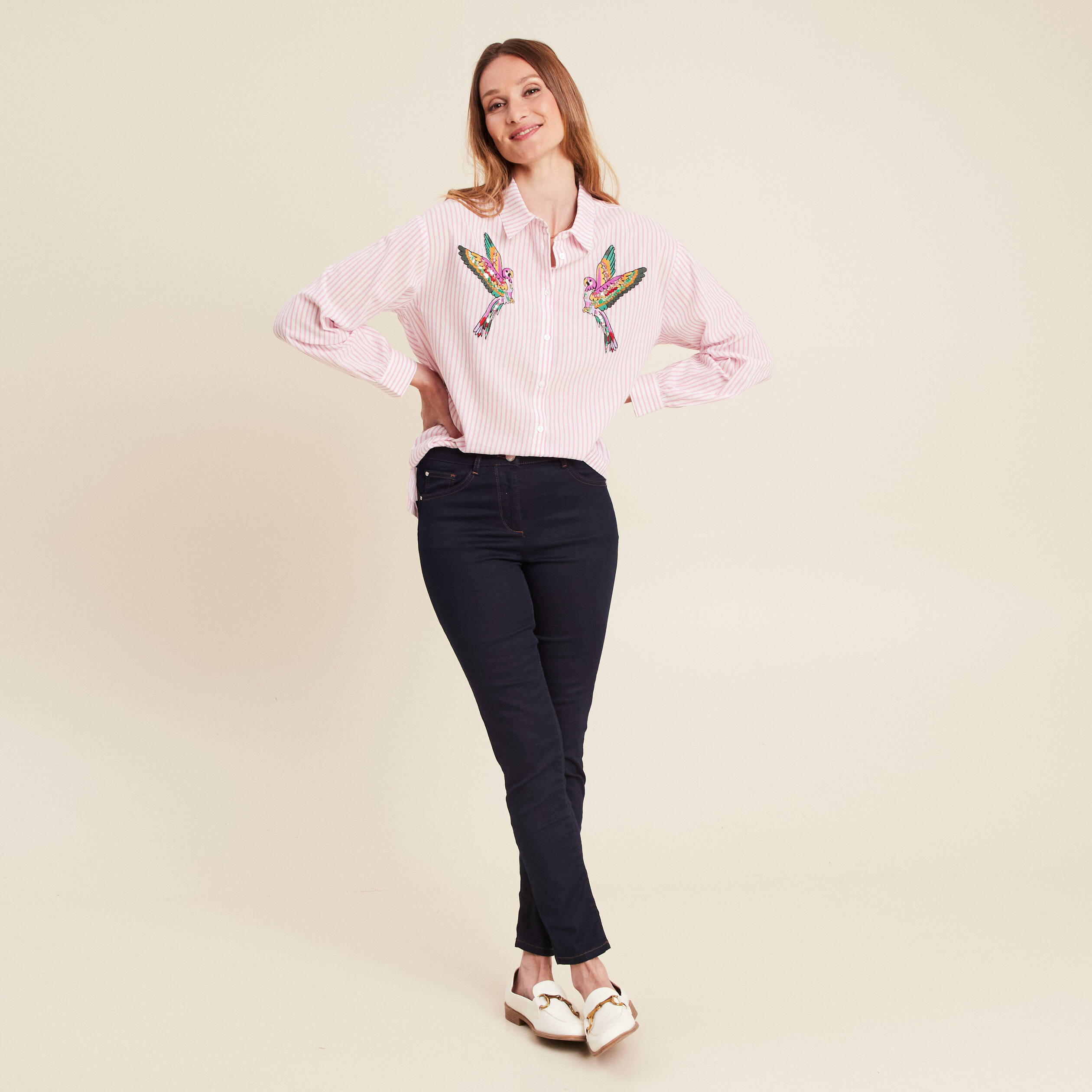 chemise droite mi longue en coton rose femme Chemise droite mi-longue en coton rose femme