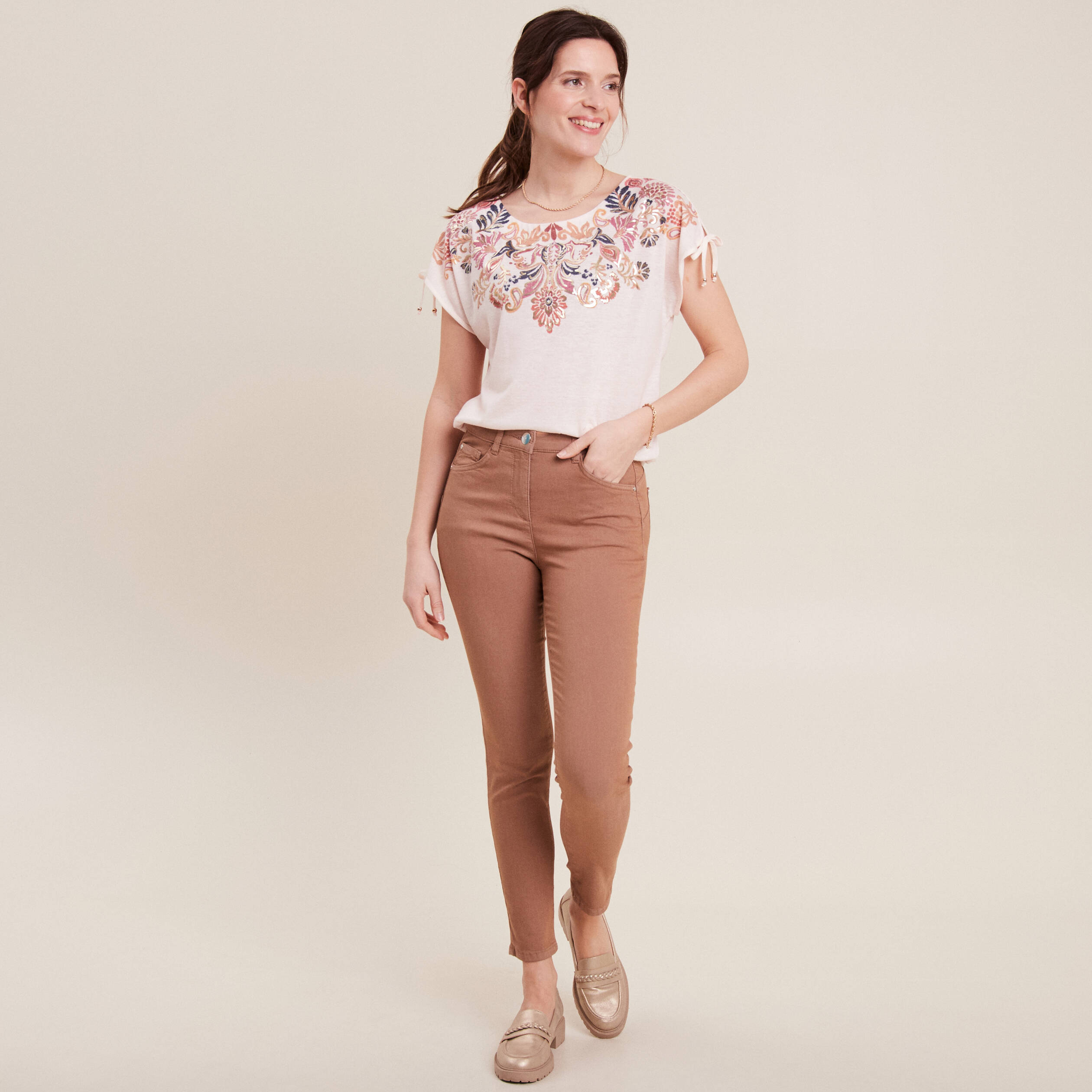 Pantalon léger taille standard 7/8ème marron femme