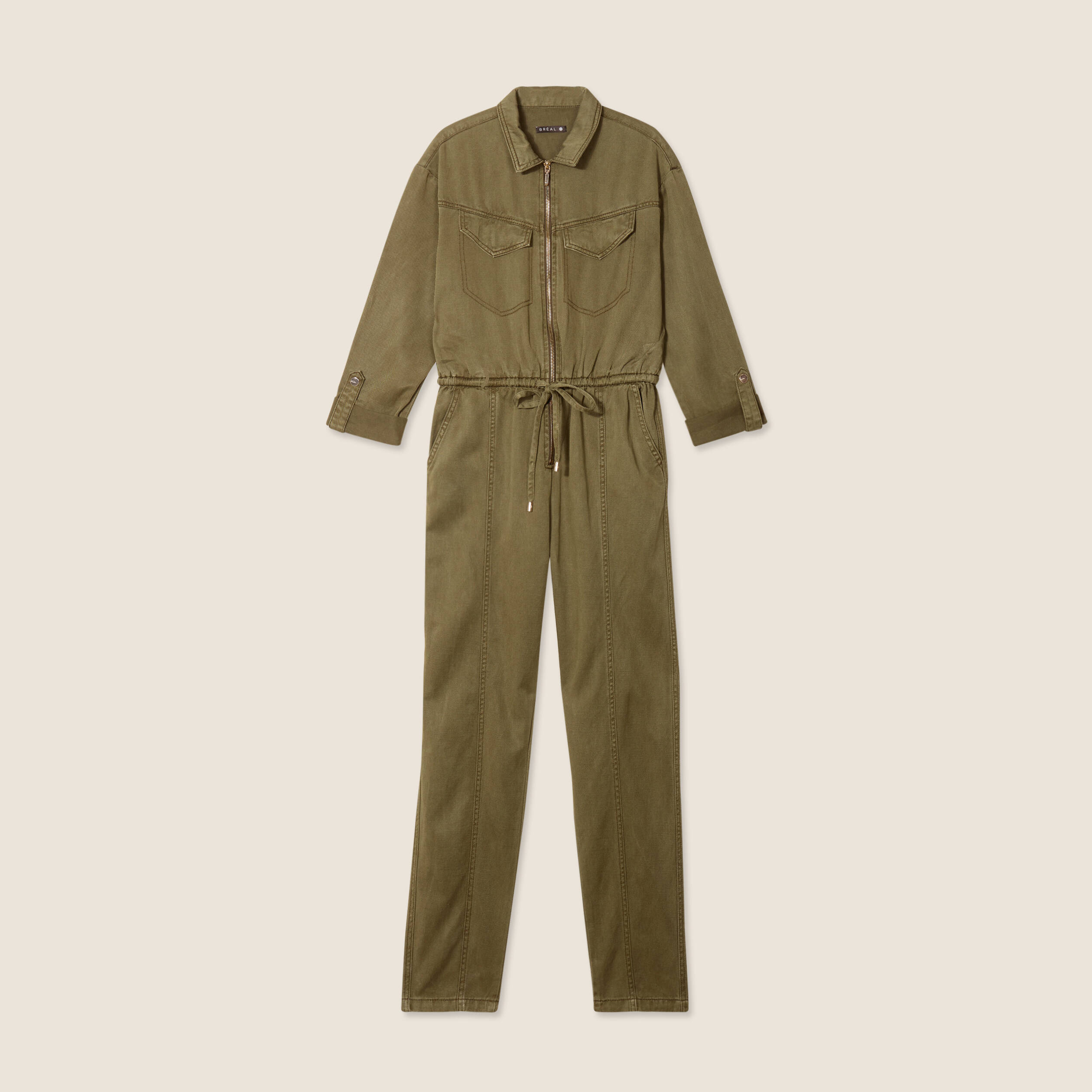 Combinaison pantalon zippée vert olive femme