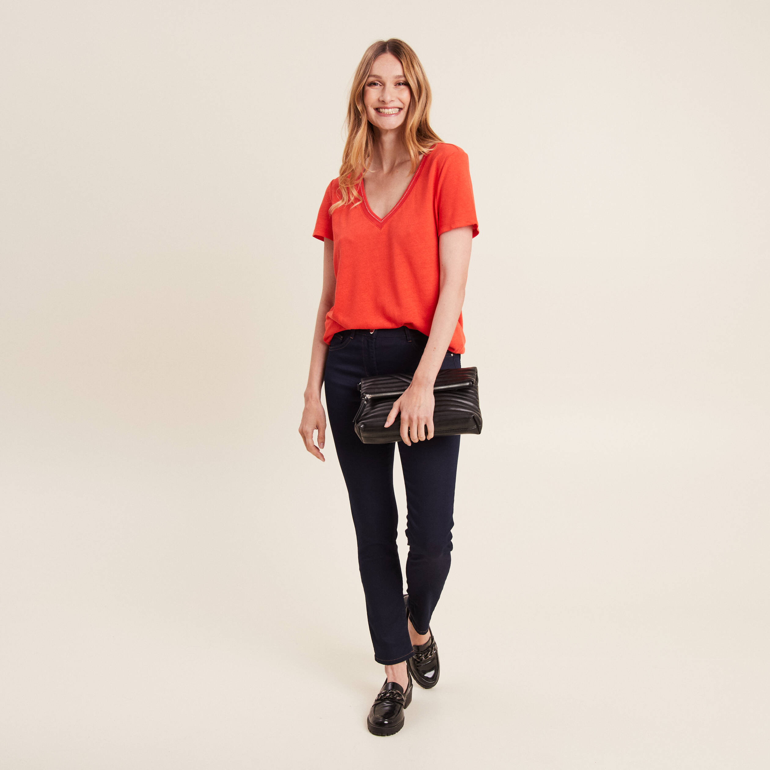 T-shirt manches courtes col en V orange femme