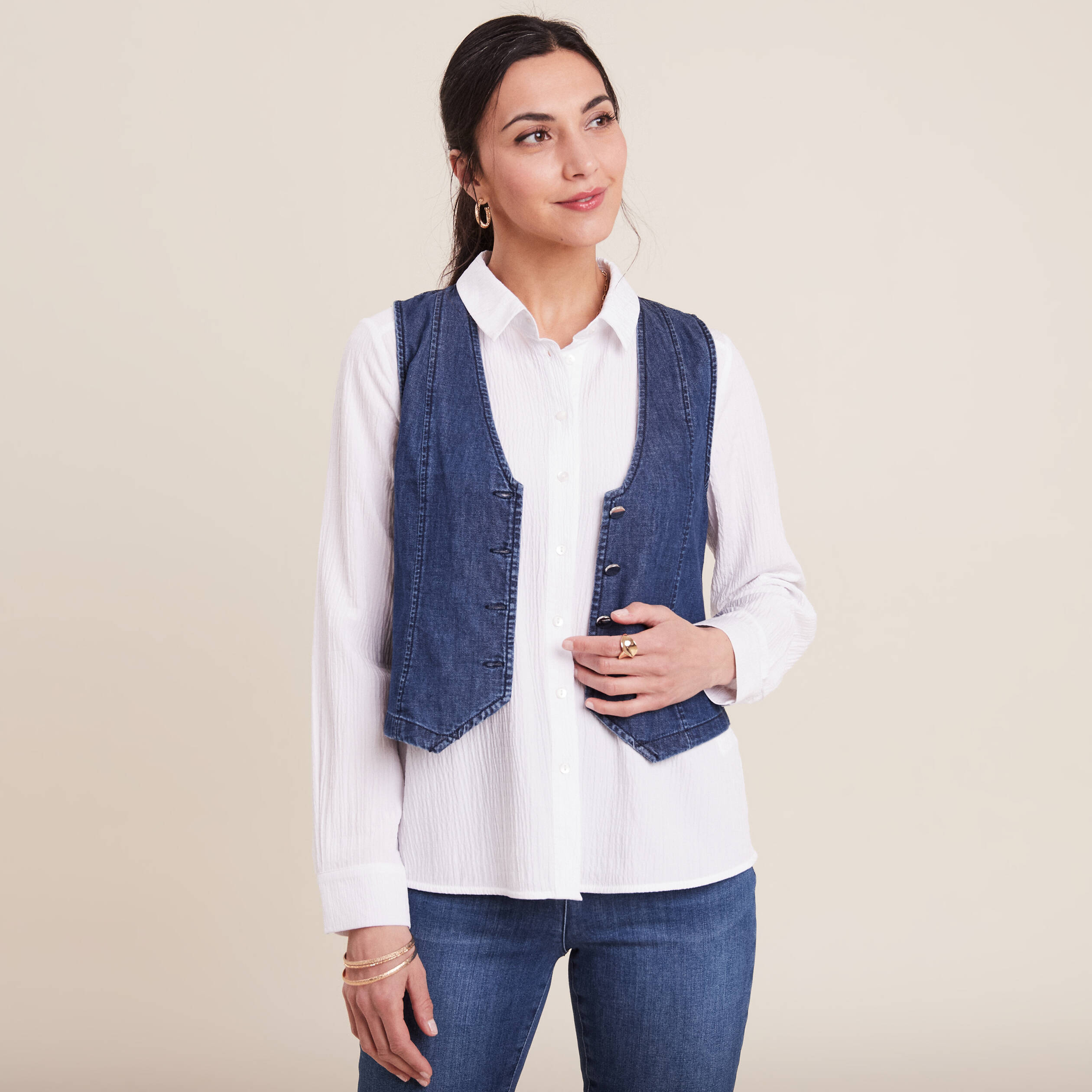 Gilet barman sans manches jean denim double stone femme Bréal