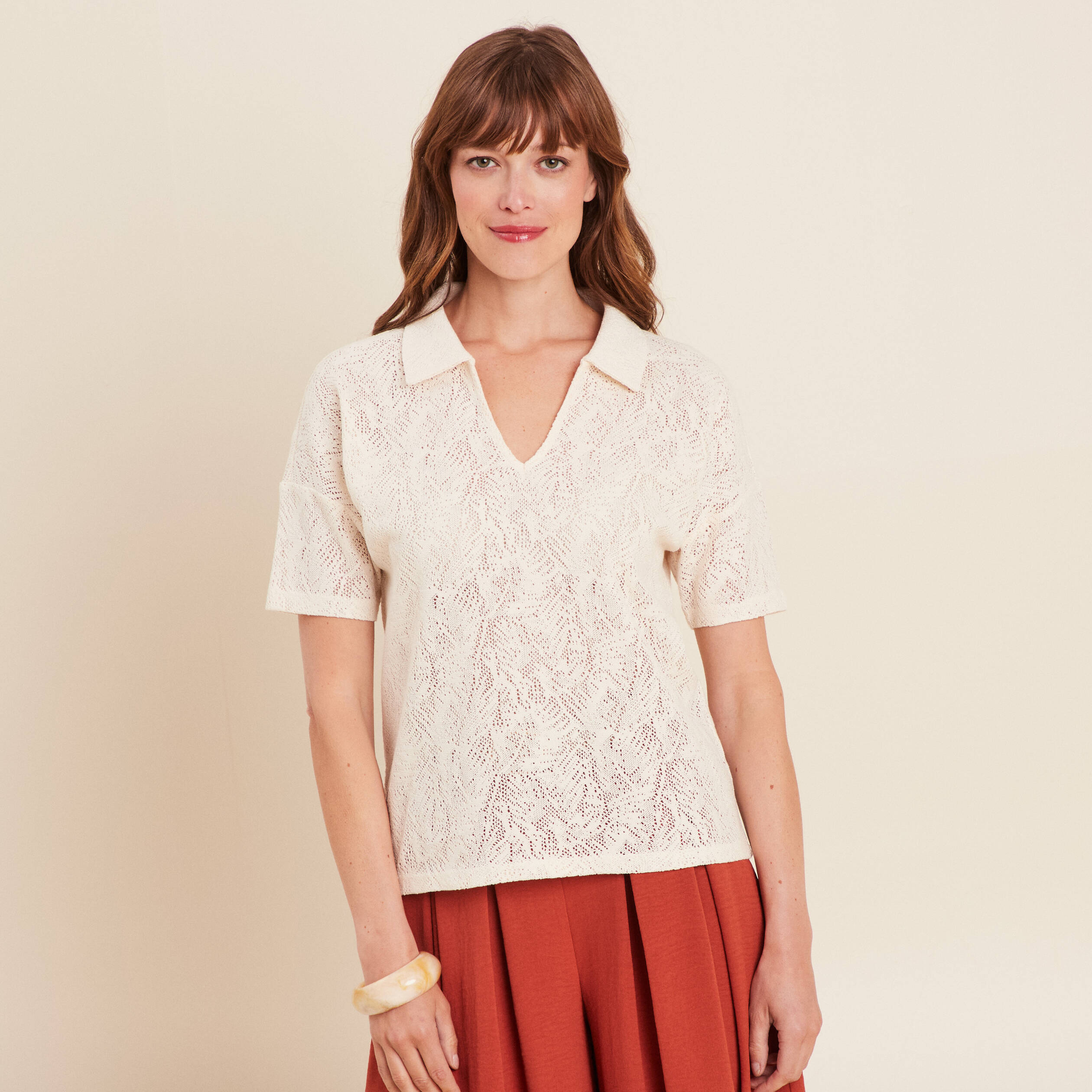 t shirt col chemise ecru femme T-shirt col chemise ecru femme