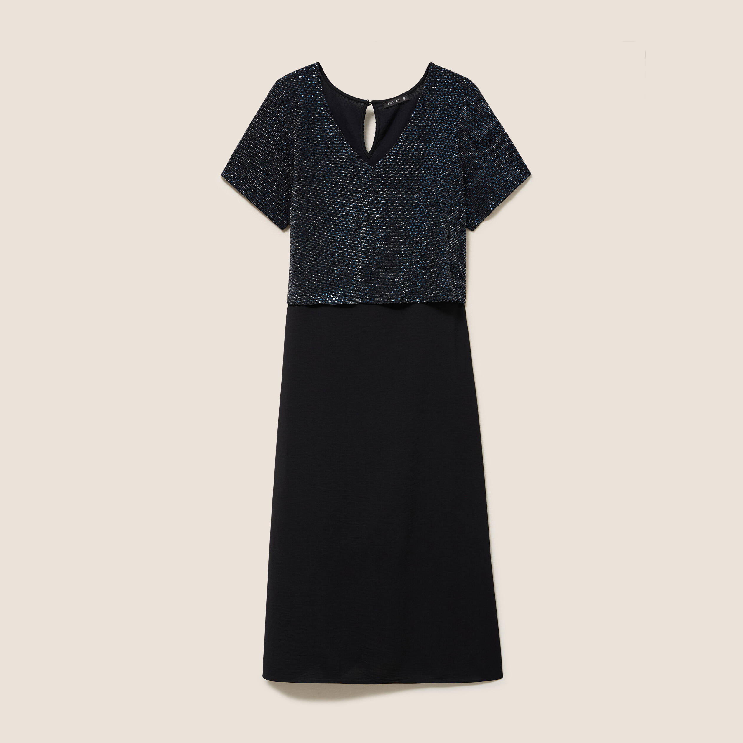 Robe longue &eacute;vas&eacute;e 2 en 1 col rond bleu marine femme