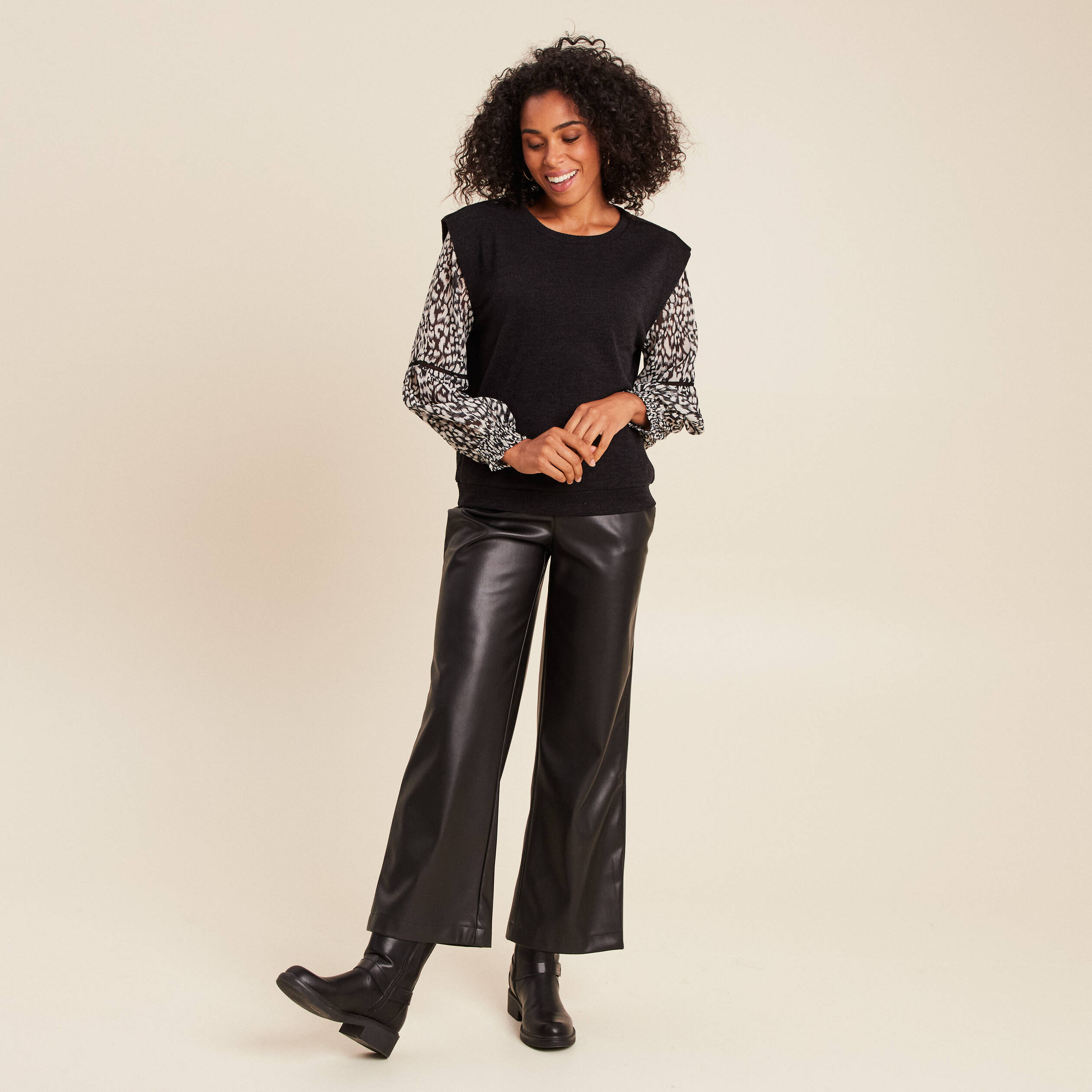 T-shirt col rond manches longues noir femme